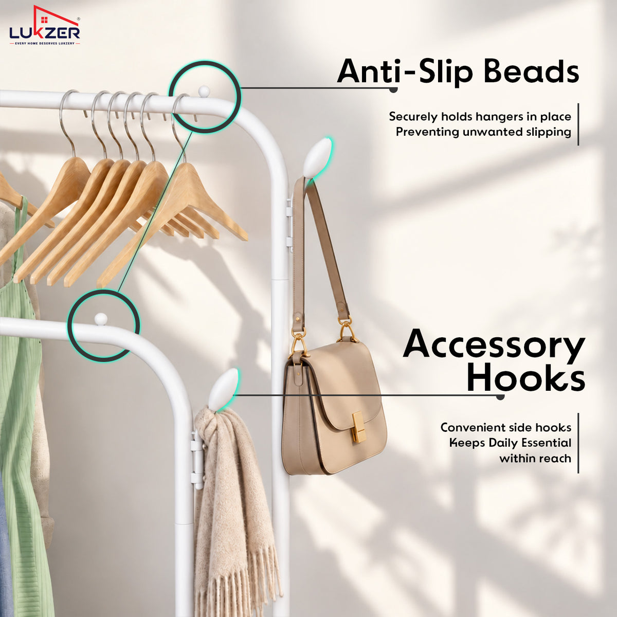 Lukzer Metal Garment Stand with 6 Shelves & Double Rods with Side Hooks & Wheels (MGS-008)