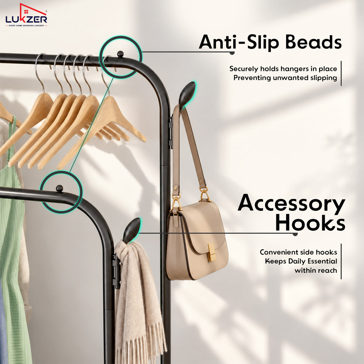 Lukzer Metal Garment Stand with 6 Shelves & Double Rods with Side Hooks & Wheels (MGS-008)