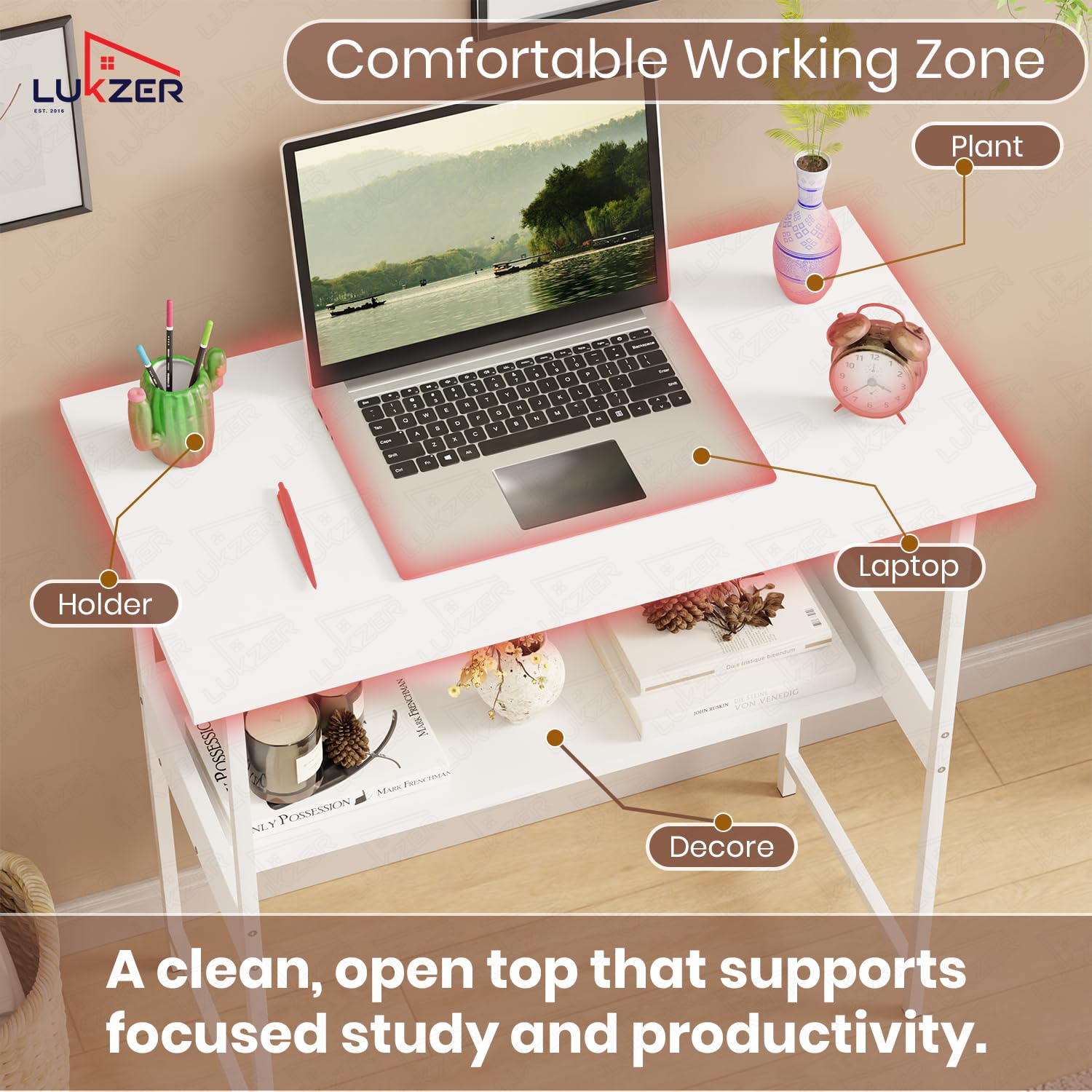 Lukzer Metal & Engineered Wood Kids Study Table with Open Shelf (MST-004S/White & White)