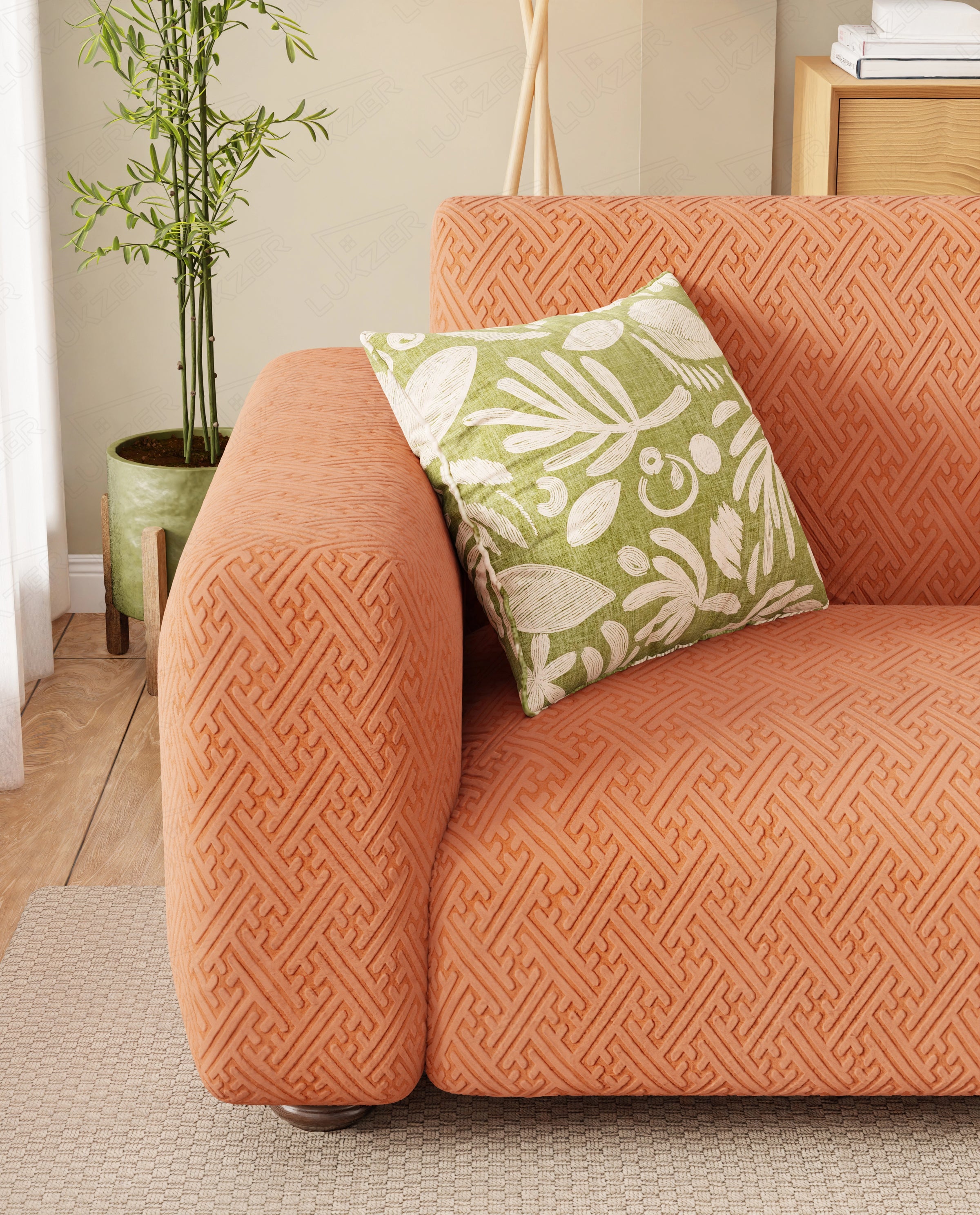 Lukzer Pastel Shades Textured Sofa Cover Orange Grid Maze (SC-106-01)