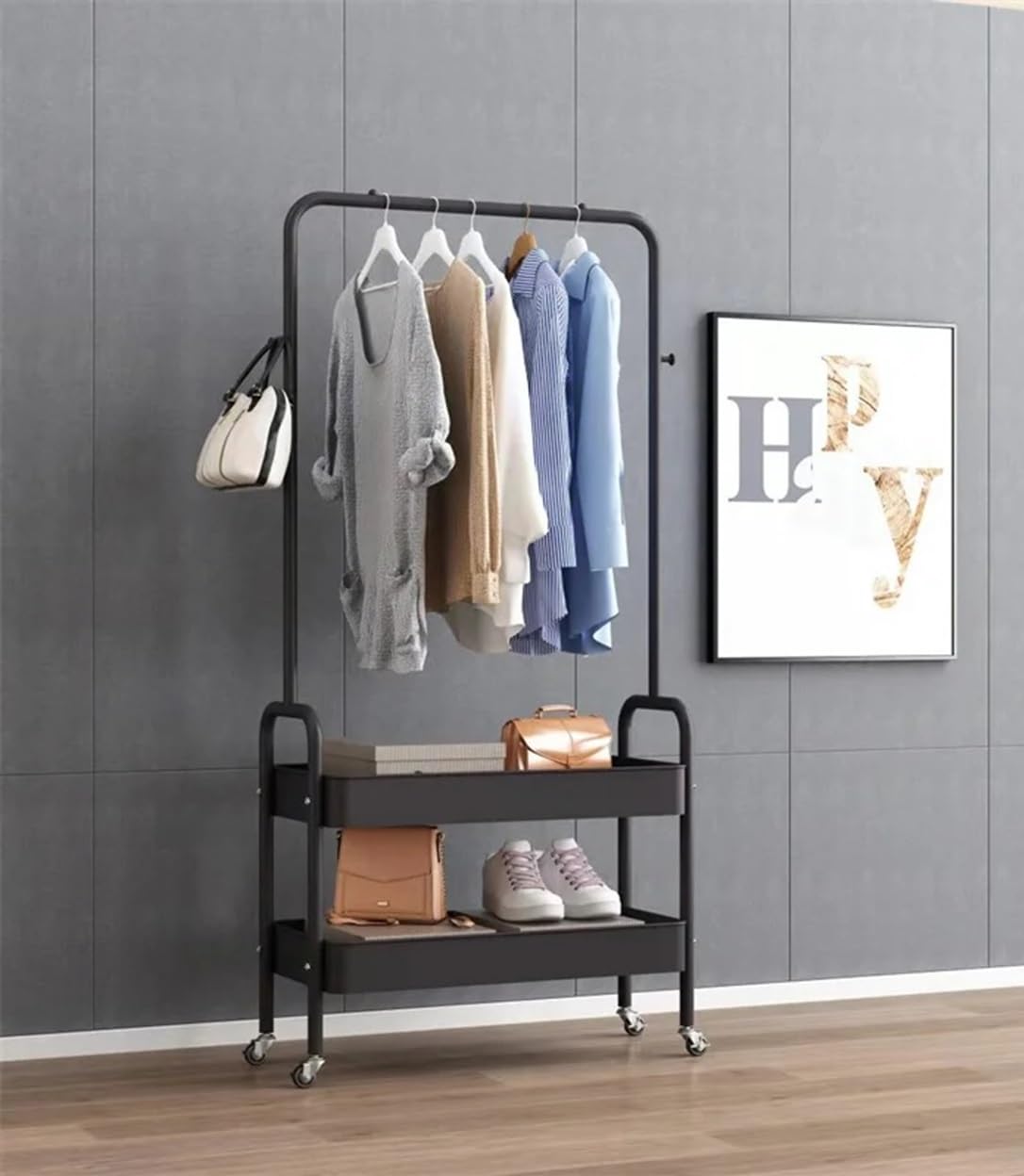Lukzer 2-in-1 Portable Garment Rack with Wheels & 2-Tier Metal Baskets (Black/White, 32x66x156cm)