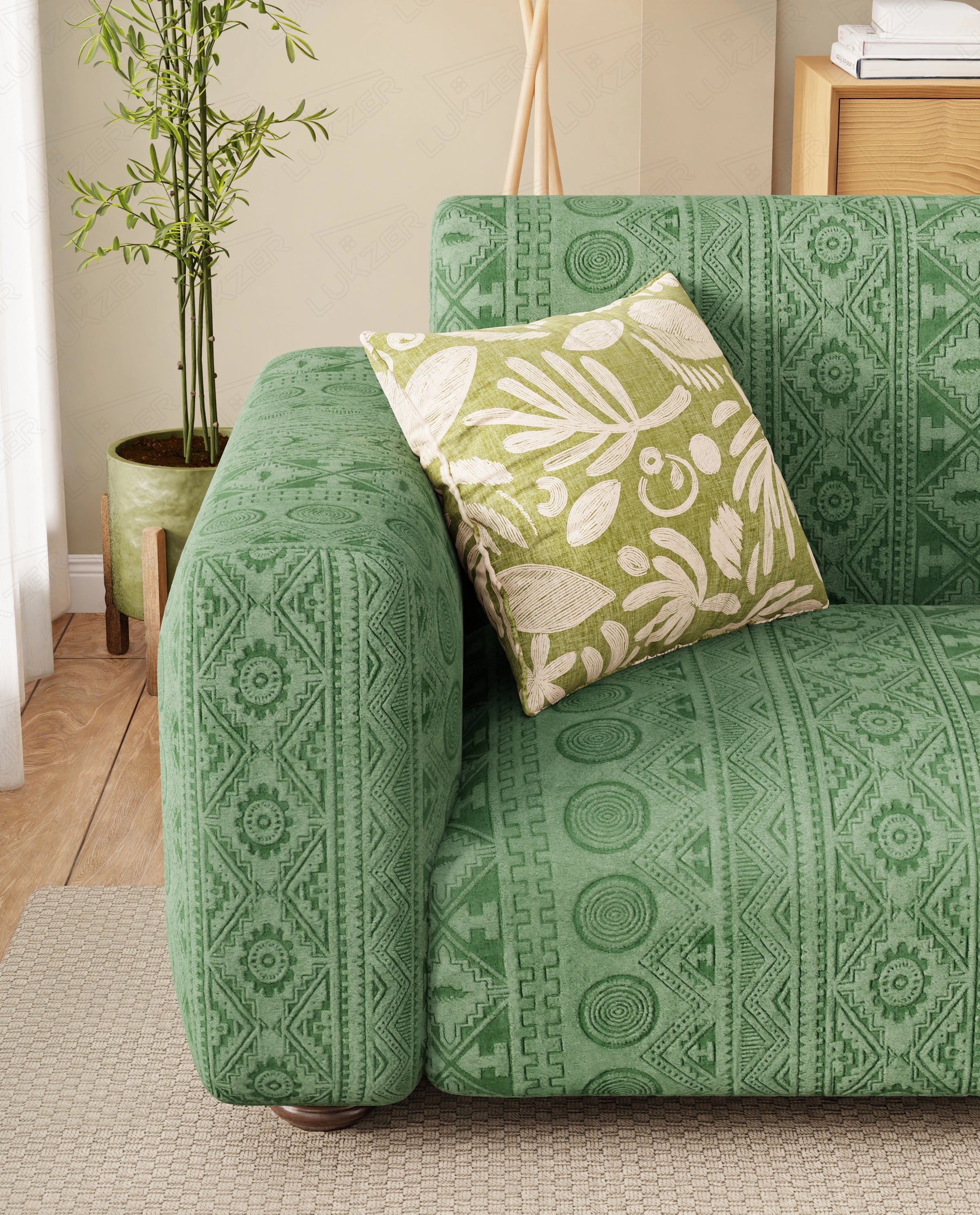 Lukzer Pastel Shades Textured Sofa Cover - Green Tribal Design (SC-071-01)