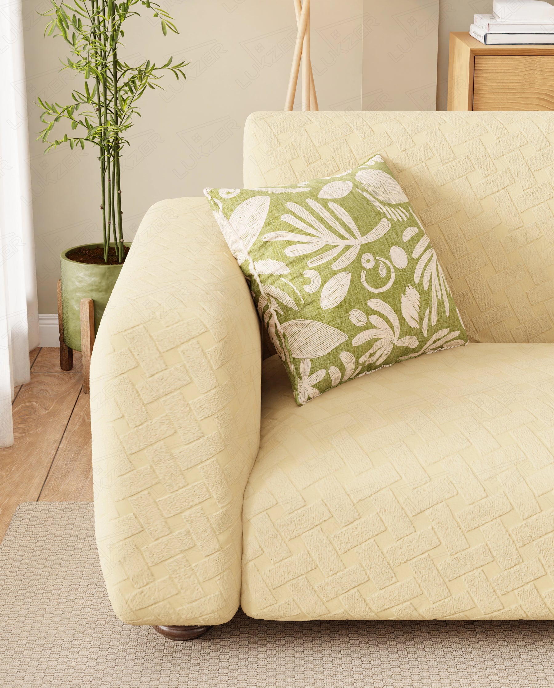 Lukzer Pastel Shades Textured Sofa Cover - Yellow Basket Weave (SC-112-01)