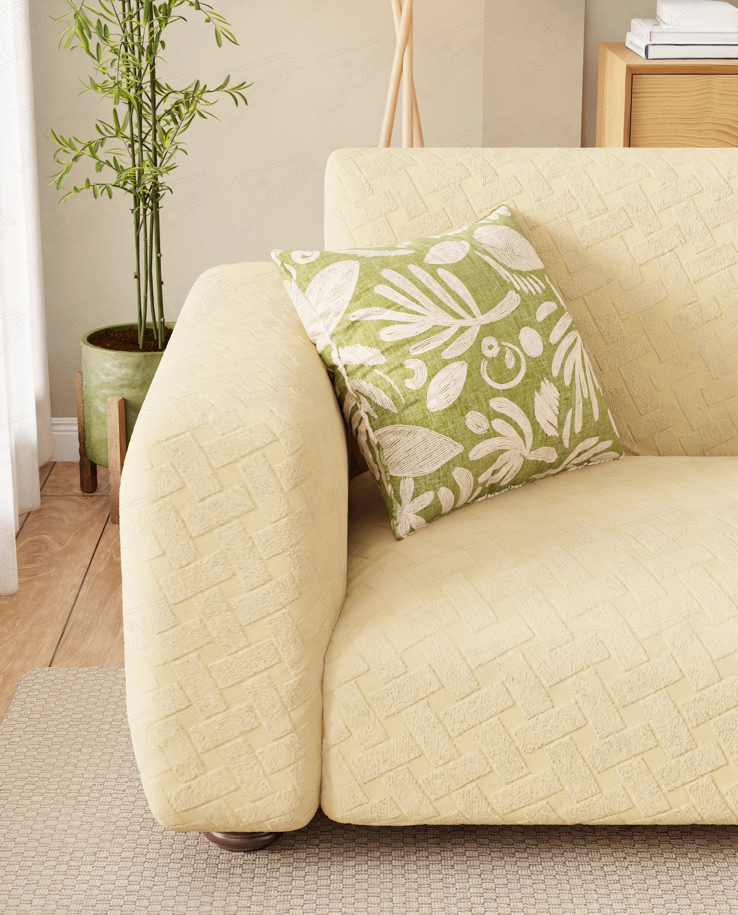 Lukzer Pastel Shades Textured Sofa Cover - Yellow Basket Weave (SC-112-01)