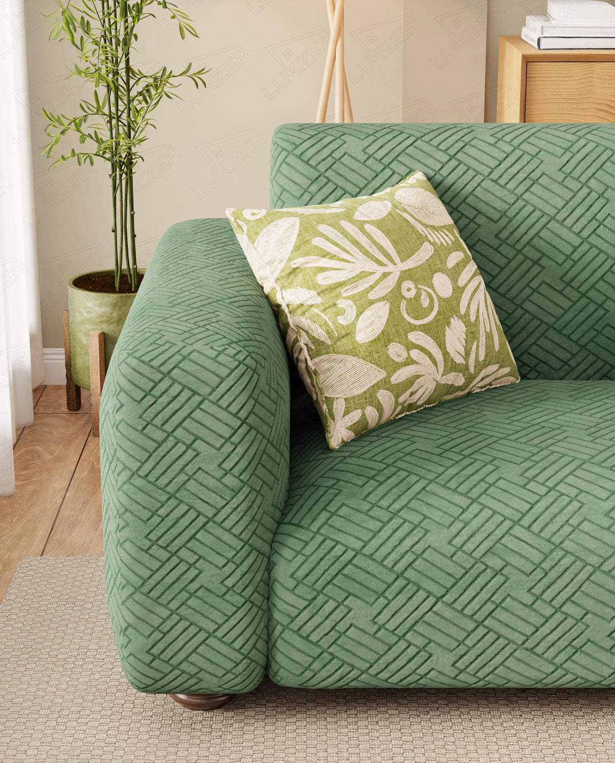 Lukzer Pastel Shades Textured Sofa Cover - Green Abstract (SC-167-01)