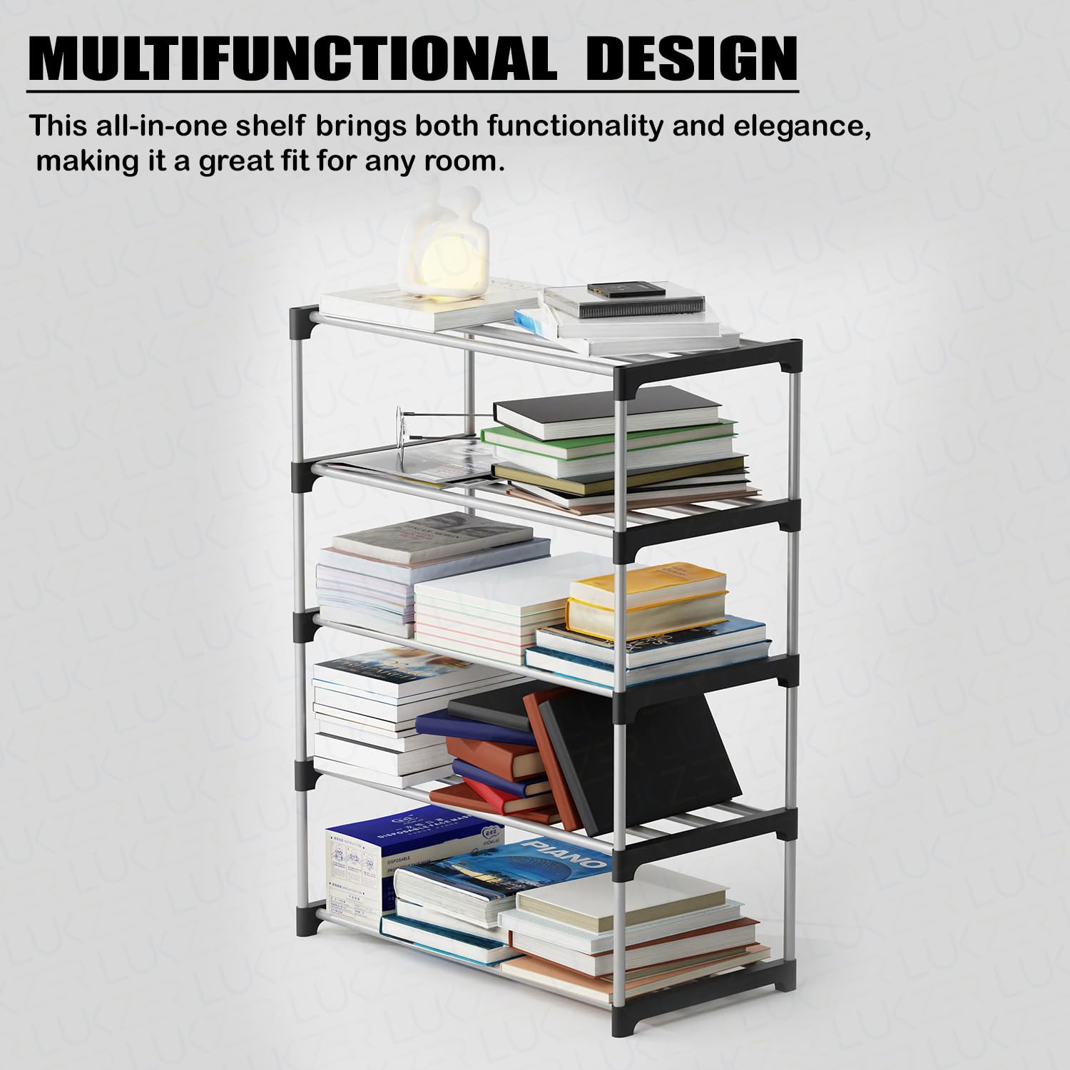 Lukzer Easy DIY Metal & Plastic Bookshelf/Storage Organizer – Black & Silver (3/4/5/6 Layers)