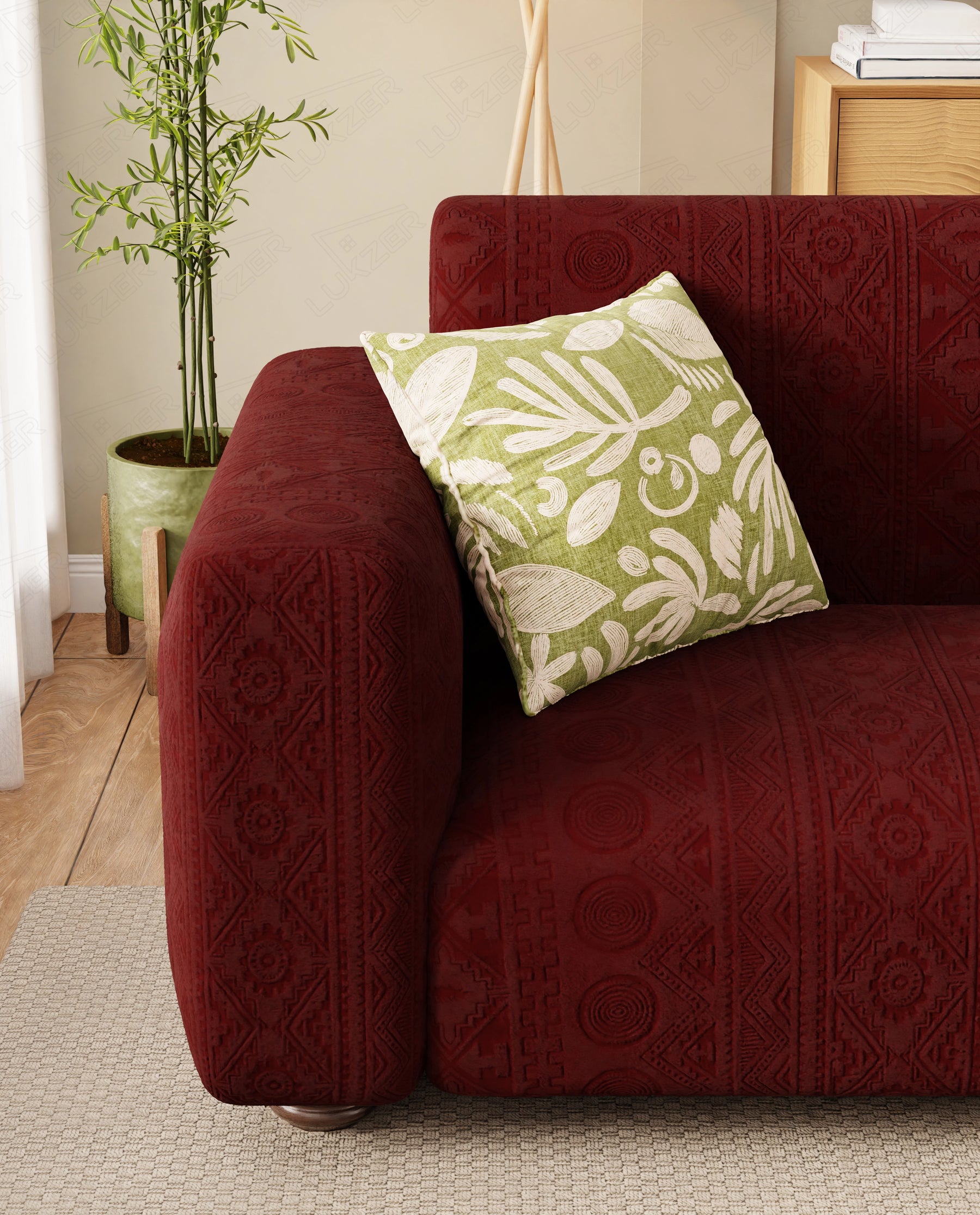 Lukzer Pastel Shades Textured Sofa Cover - Deep Maroon Tribal Design (SC-135-01)