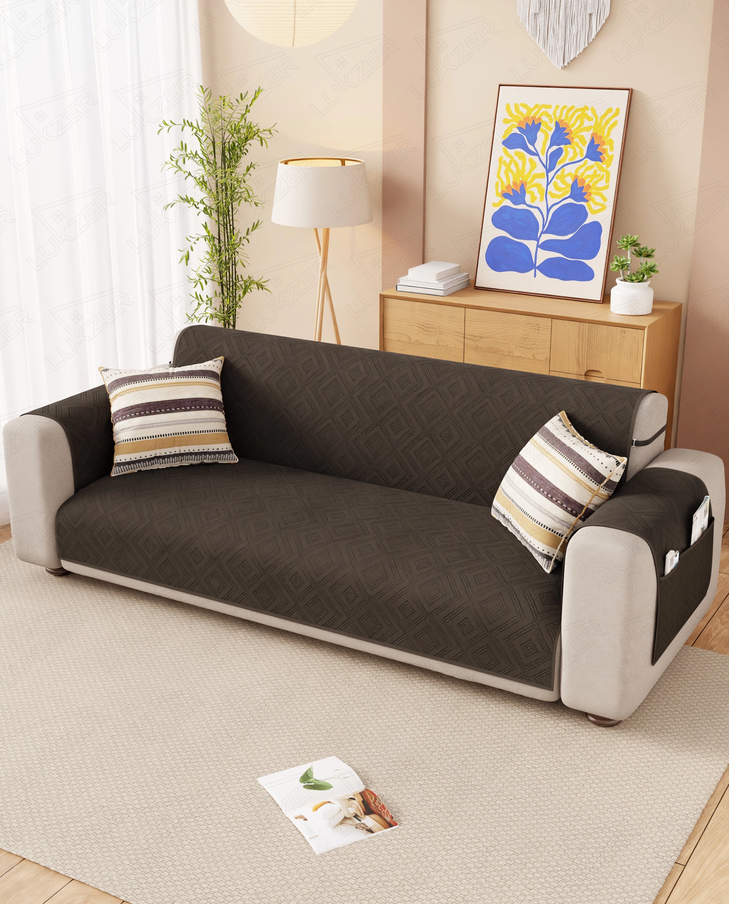 Lukzer Reversible Quilted Sofa Mat with Arms Dot Frame Dark Brown (SC-212-01)