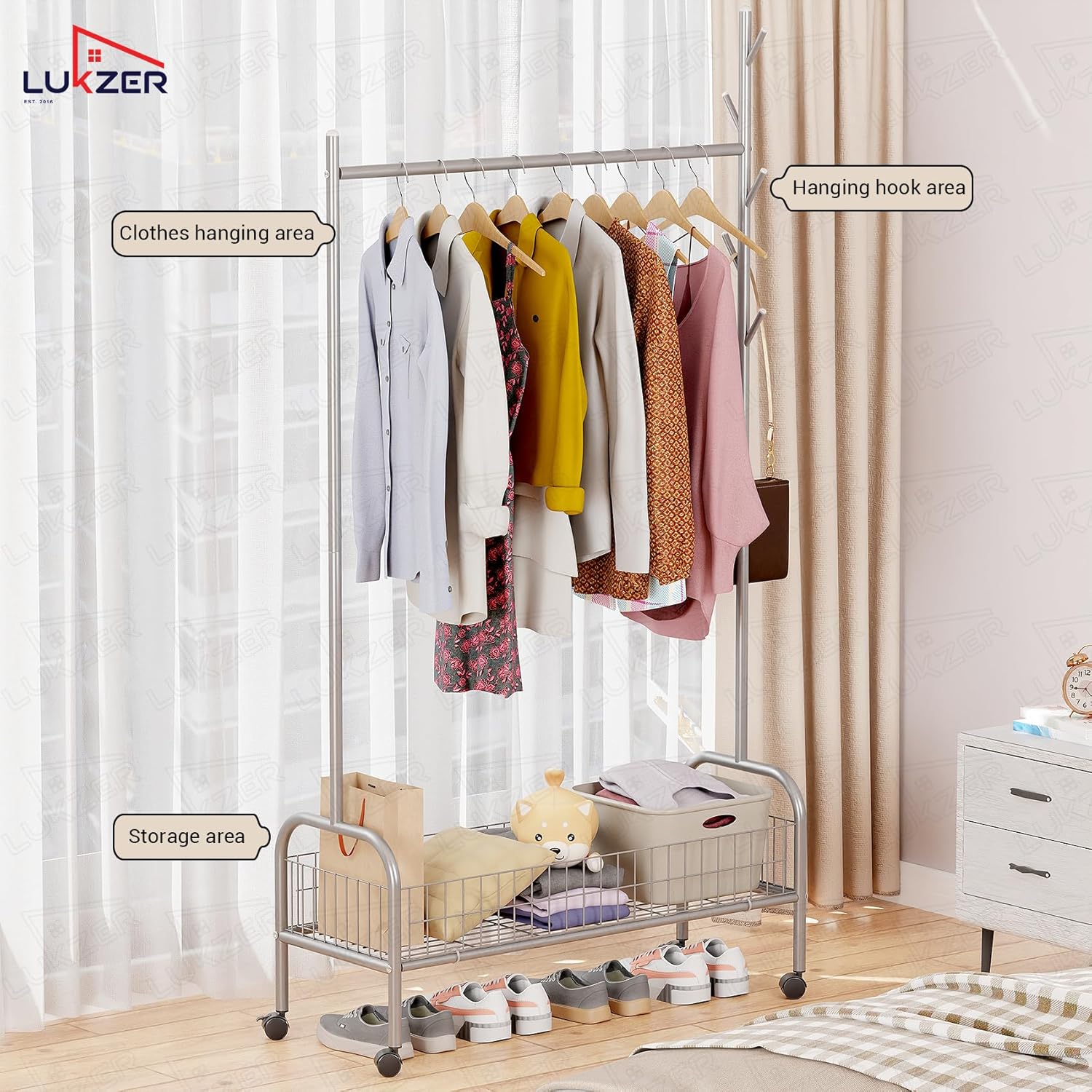 Lukzer Heavy-Duty Portable Metal Clothes Rack with Single Rod & Bottom Shelf (MGR-001/Grey)