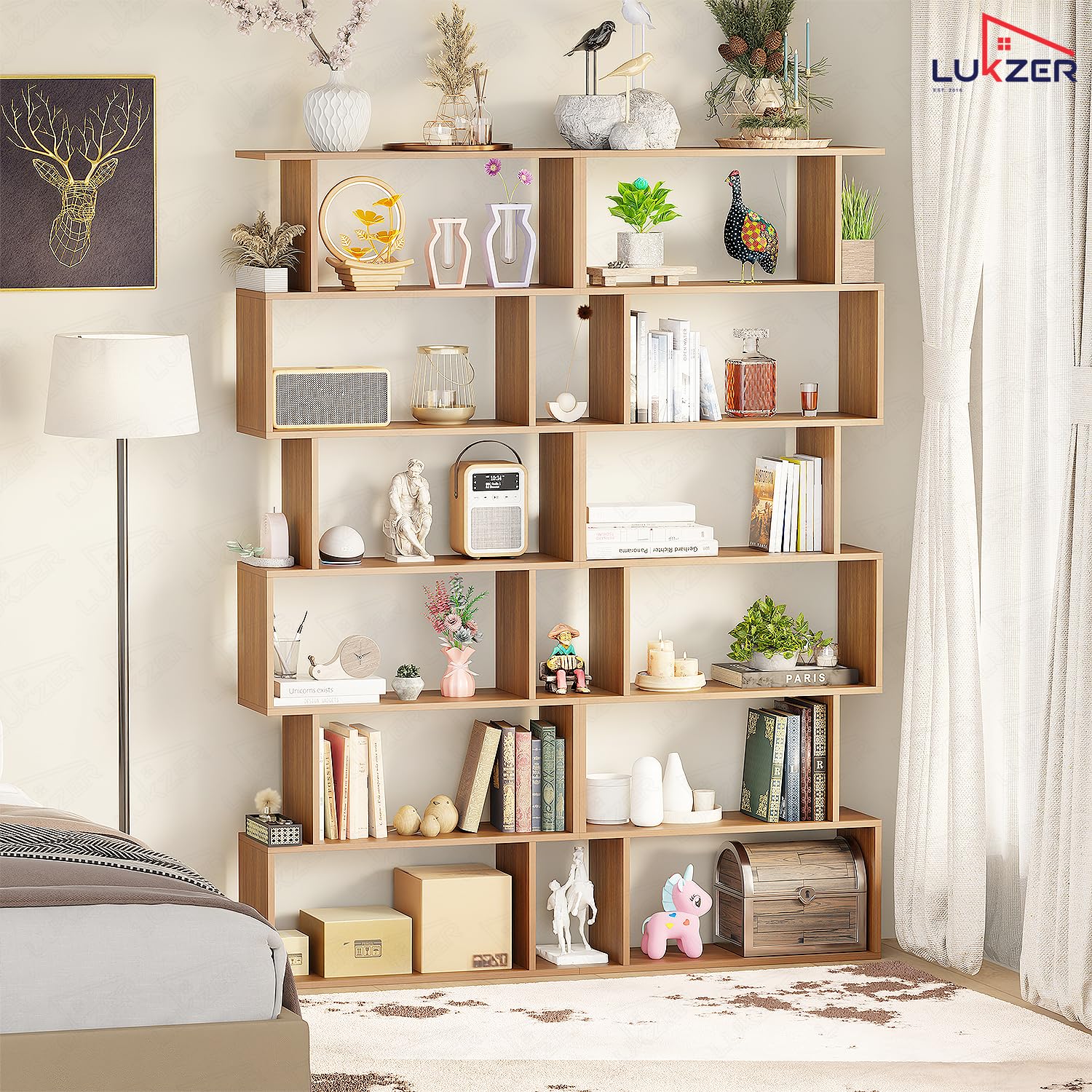 Lukzer 6-Layer S-Shaped Ladder Engineered Wood Open Bookshelf Rack (MR-002, Oak Brown)