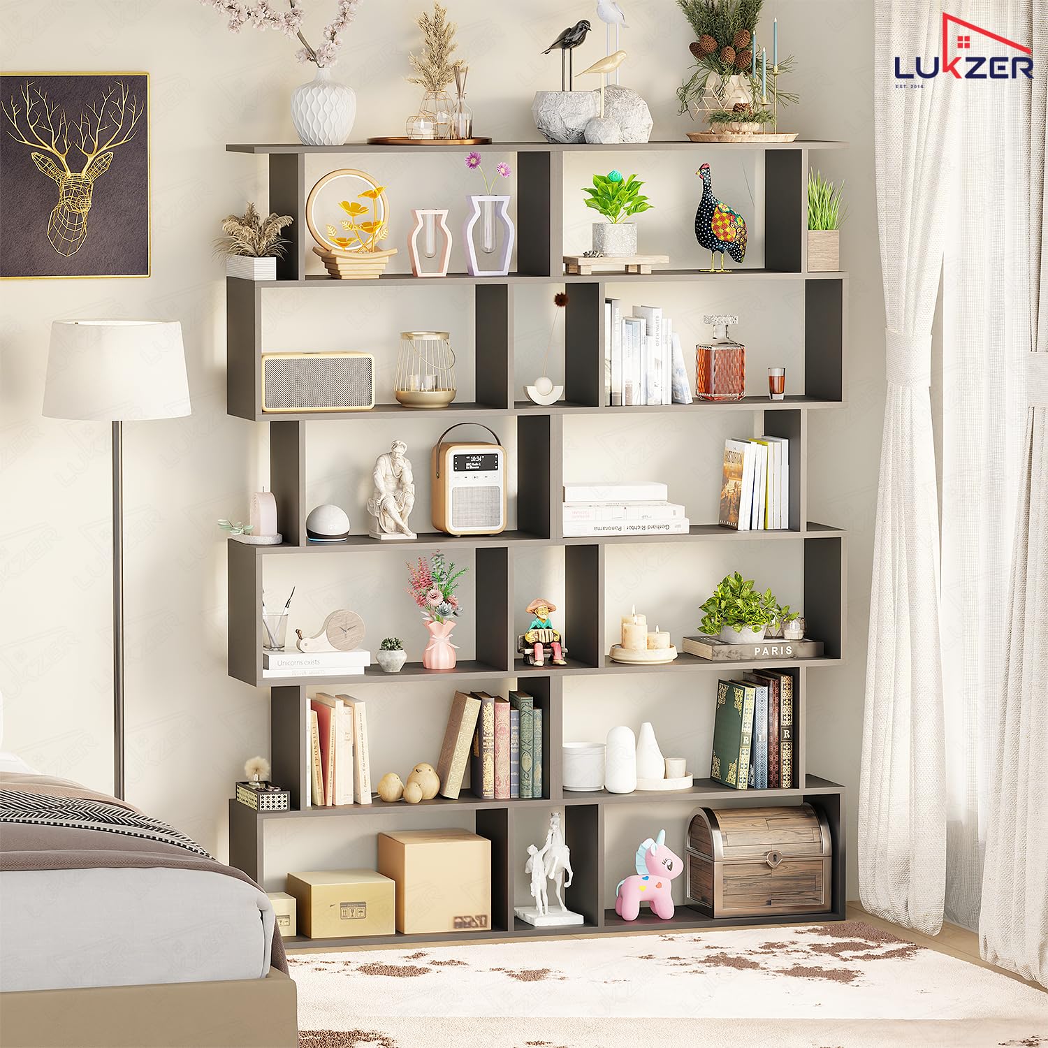 Lukzer 6-Layer S-Shaped Ladder Engineered Wood Open Bookshelf Rack (MR-002, Black)