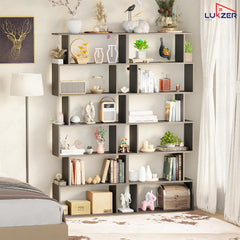 Lukzer 6-Layer S-Shaped Ladder Engineered Wood Open Bookshelf Rack (MR-002, Black)