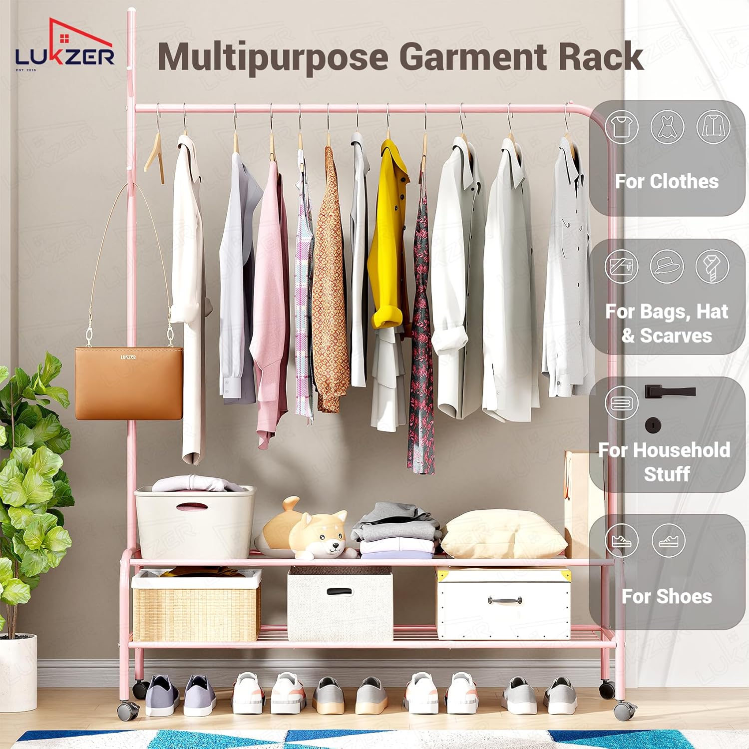 Lukzer Single Pole Portable Metal Garment Rack with 2 Bottom Shelves (MGR-008/Pink)