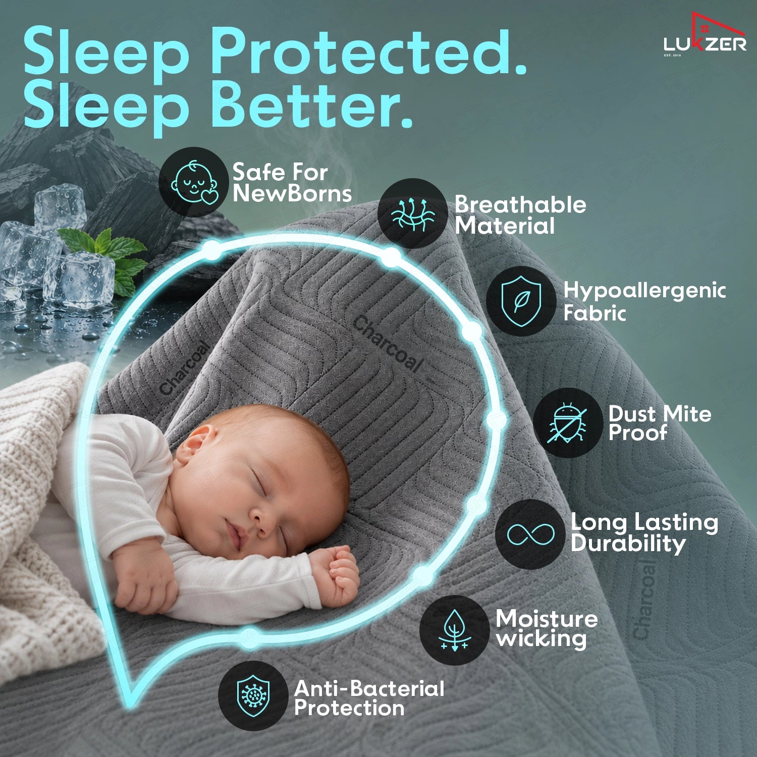 Lukzer 100% Waterproof Charcoal Fabric Mattress Protector/Mattress Cover / Queen Size - (75" x 60" Inches) - (6.3 x 5 ft)