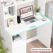 Lukzer Engineered Wood Office Desk & Study Table with Bookshelf & Cabinet (ST-009/White)
