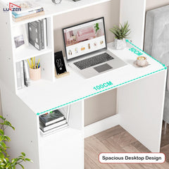 Lukzer Engineered Wood Office Desk & Study Table with Bookshelf & Cabinet (ST-009/White)