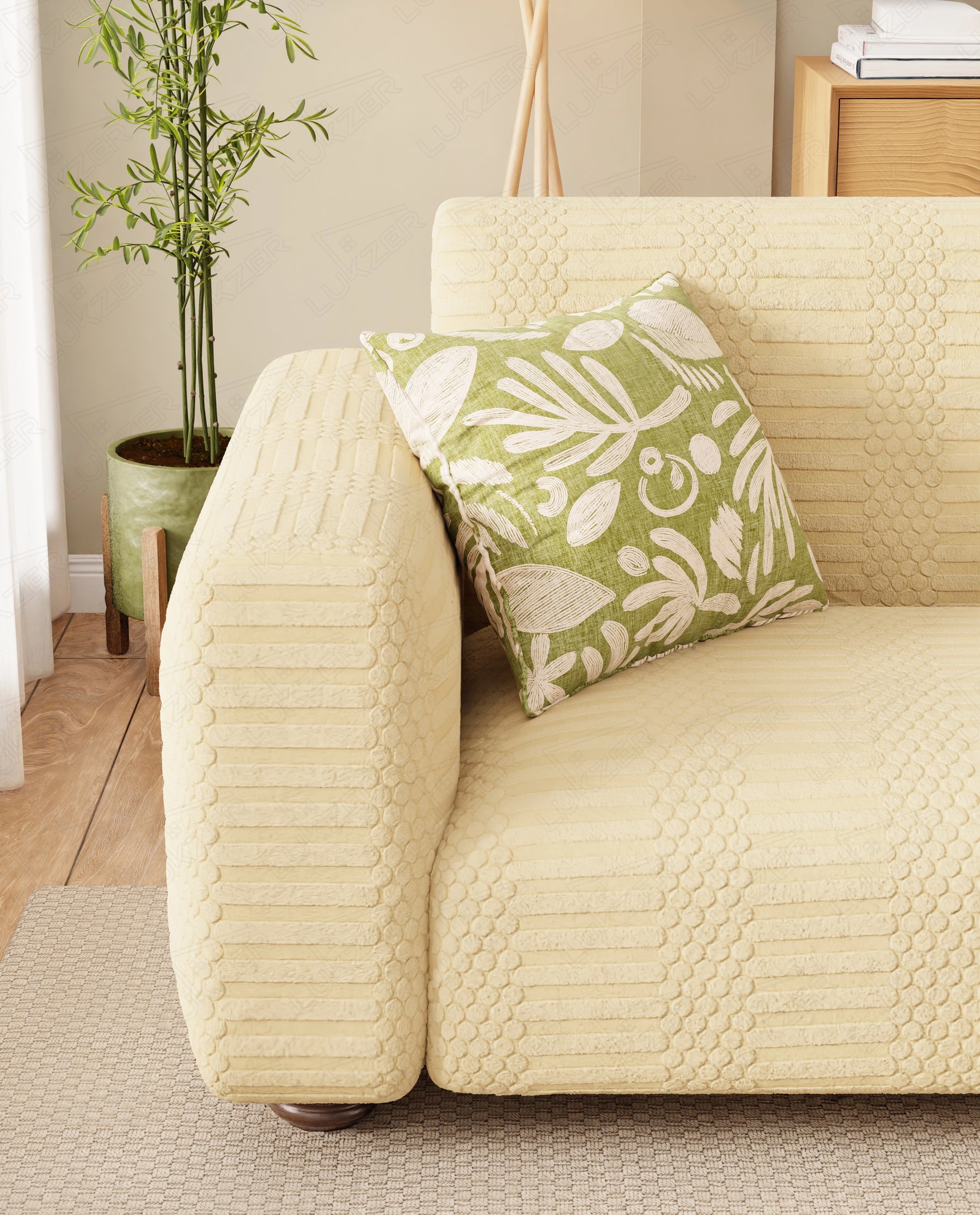 Lukzer Pastel Shades Textured Sofa Cover - Yellow Dotted Stripe (SC-070-01)