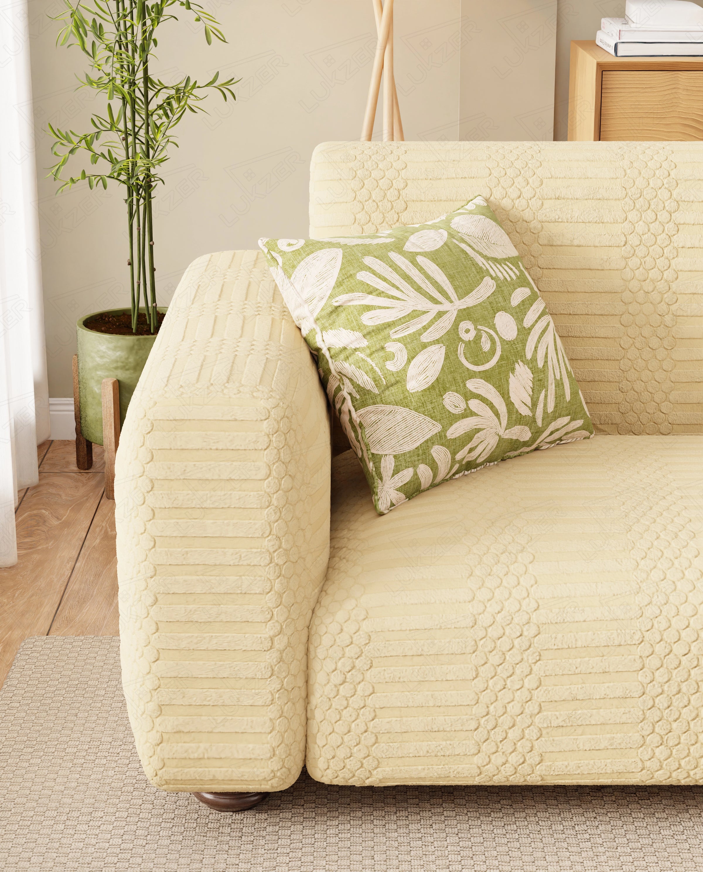 Lukzer Pastel Shades Textured Sofa Cover - Yellow Dotted Stripe (SC-070-01)