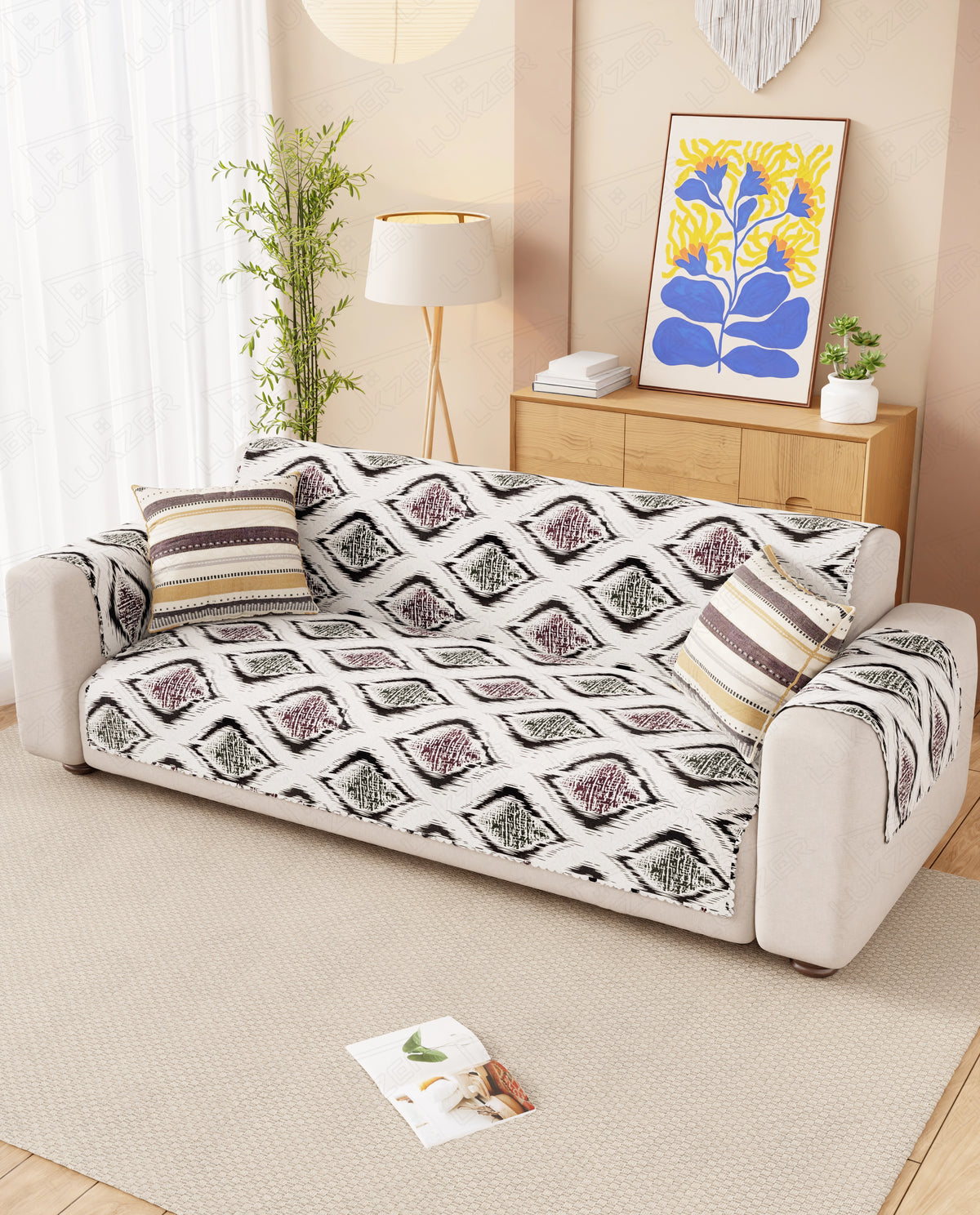 Lukzer Quilted Reversible Ikat Rose Sofa Mat with WaveEdge Ultrasonic Cut (WITH BACK & HAND REST) - SC-203-01WB