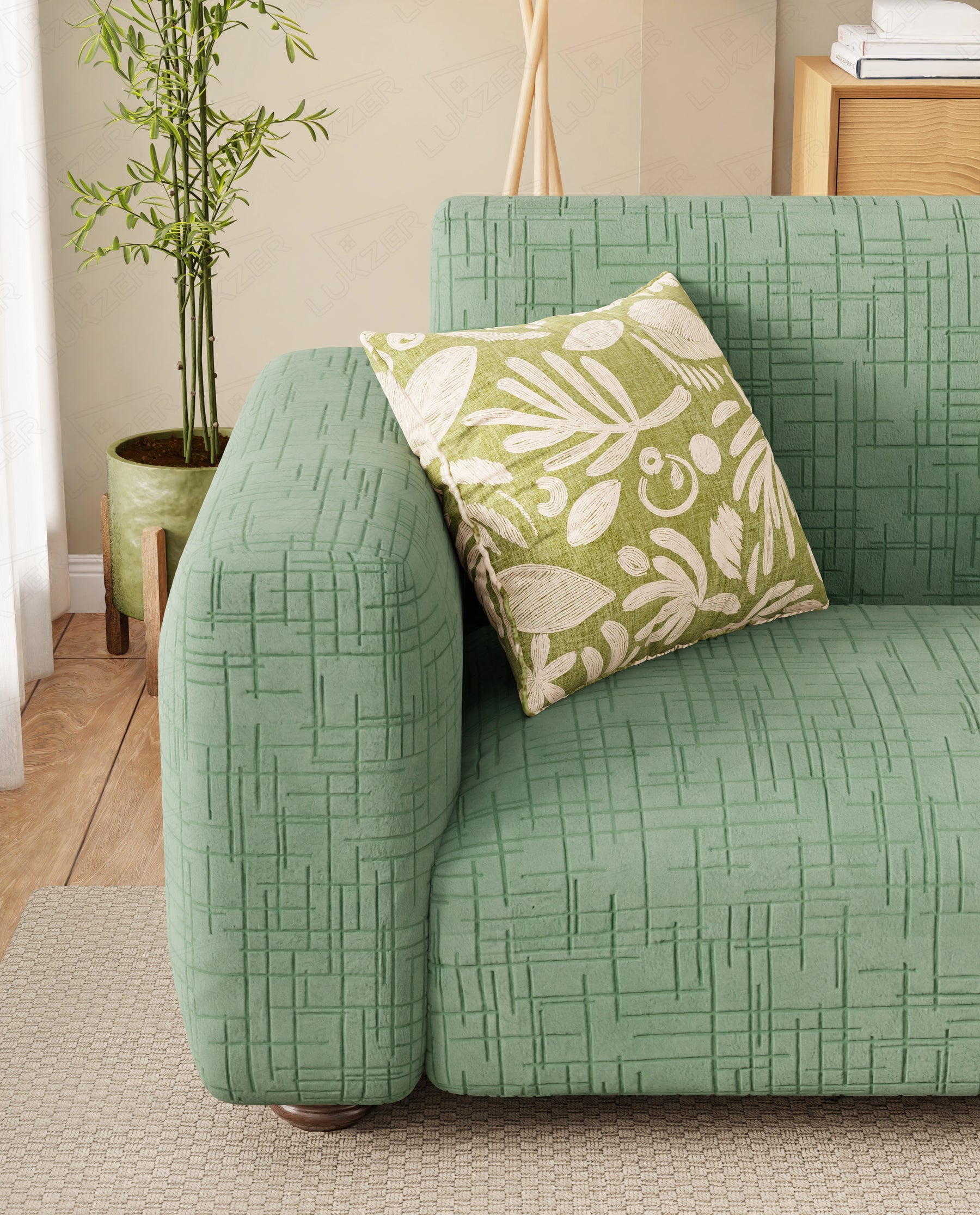 Lukzer Pastel Shades Textured Sofa Cover - Green Tangled Lines (SC-121-01)