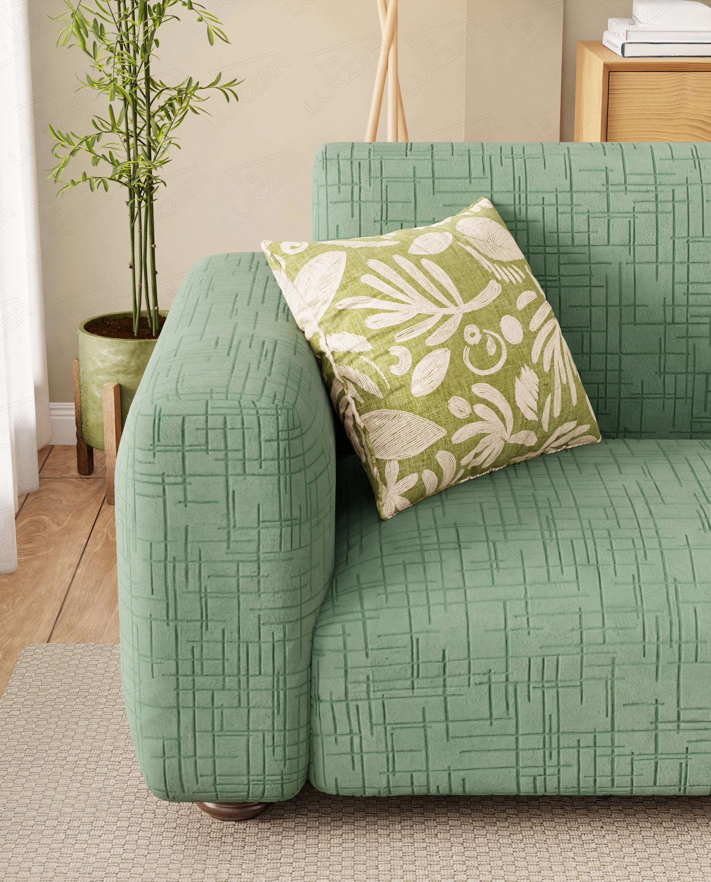 Lukzer Pastel Shades Textured Sofa Cover - Green Tangled Lines (SC-121-01)