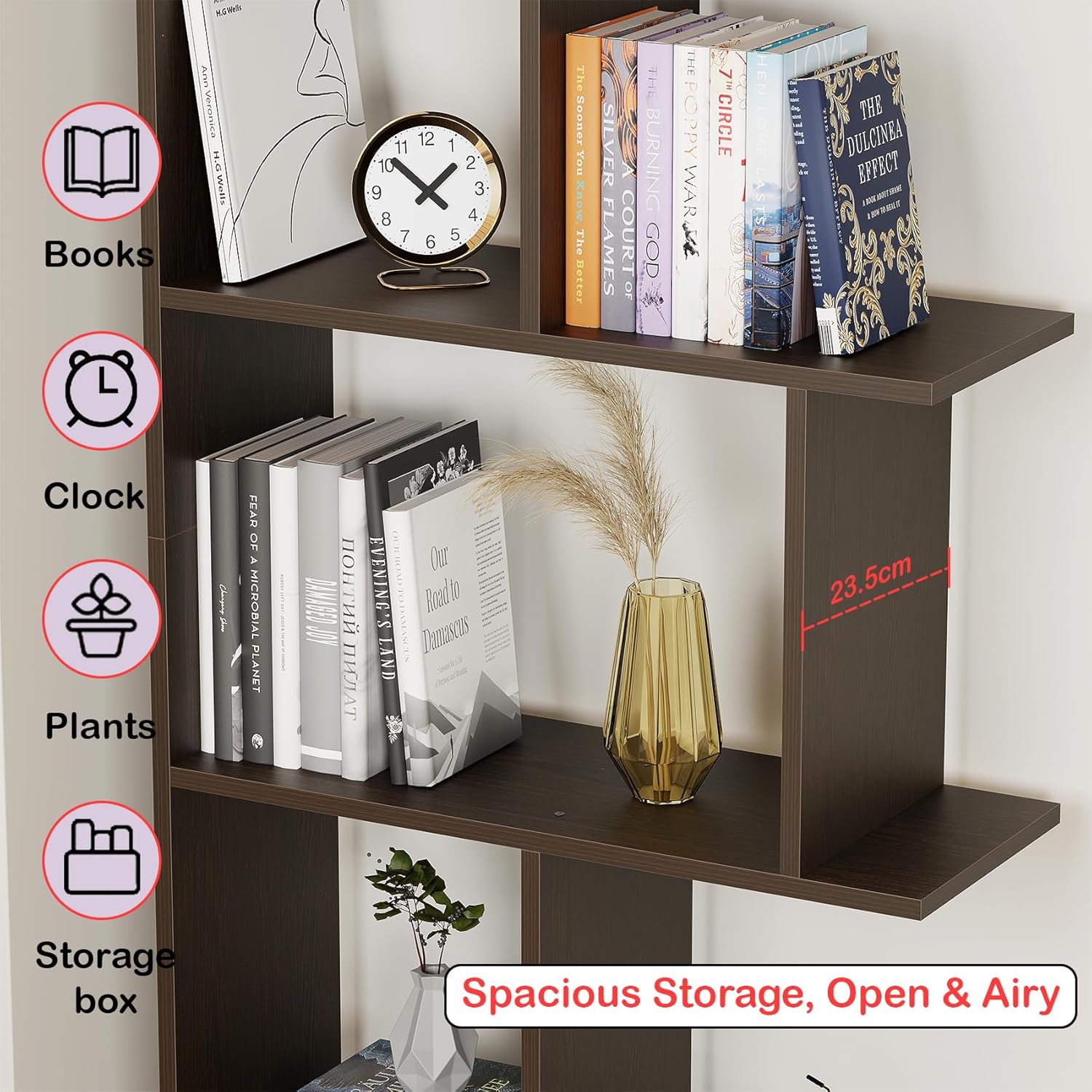 Lukzer 6 Layer Engineered Wood Space-Saving Organizer with Zigzag Open Bookshelf (MR-018/Wenge)