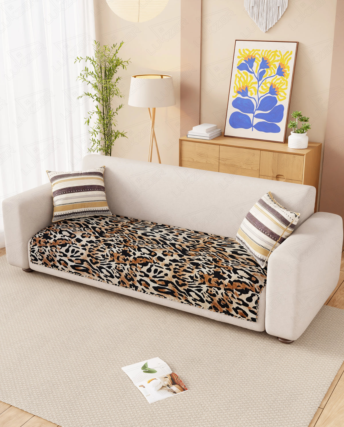 Lukzer Quilted Reversible Leopard Print Sofa Mat with WaveEdge Ultrasonic Cut (ONLY SEAT COVER) - SC-220-01WE