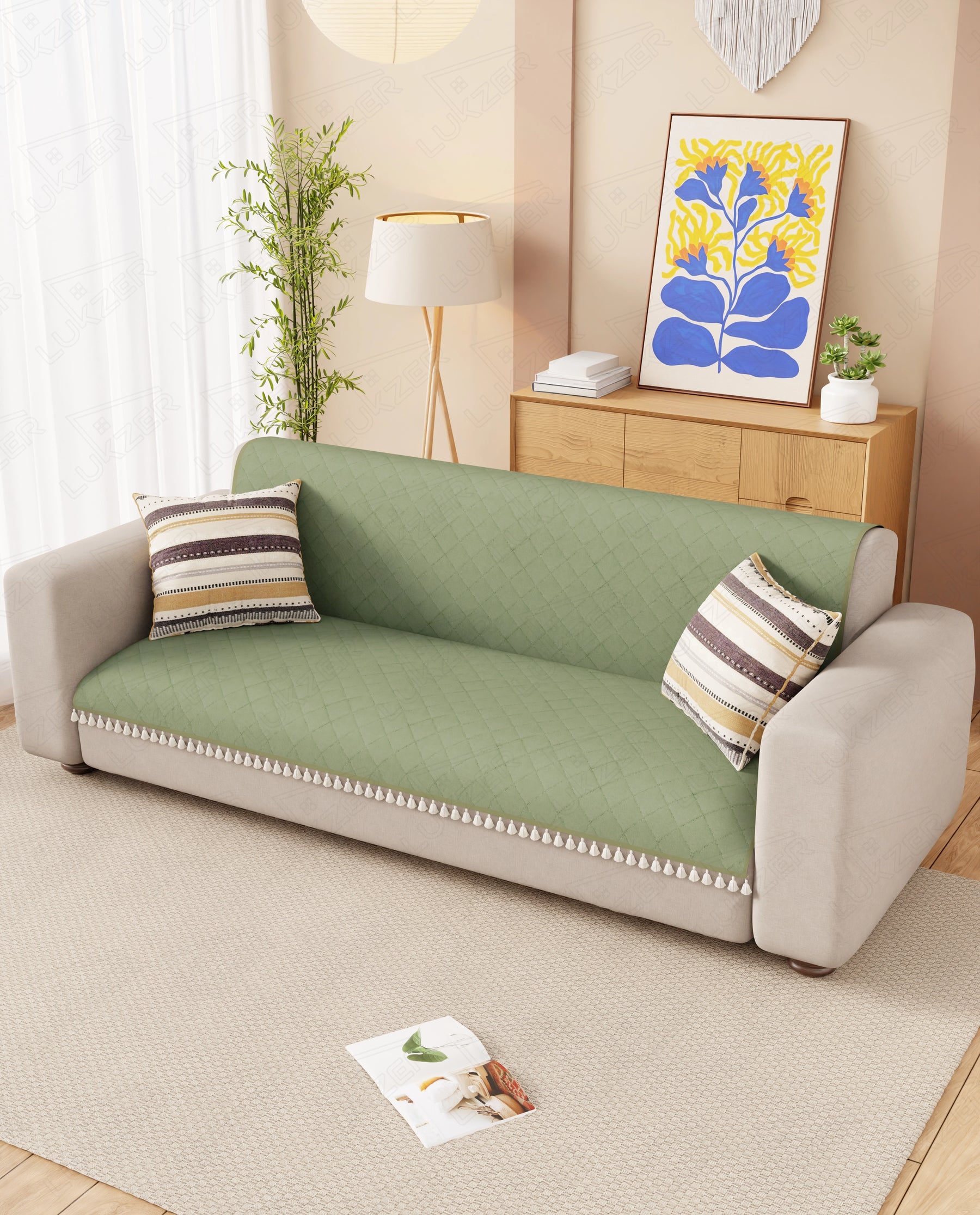 Lukzer 2 Seater Quilted Sofa Cover Mat with Tassels - Mint Green - SC-199-02T