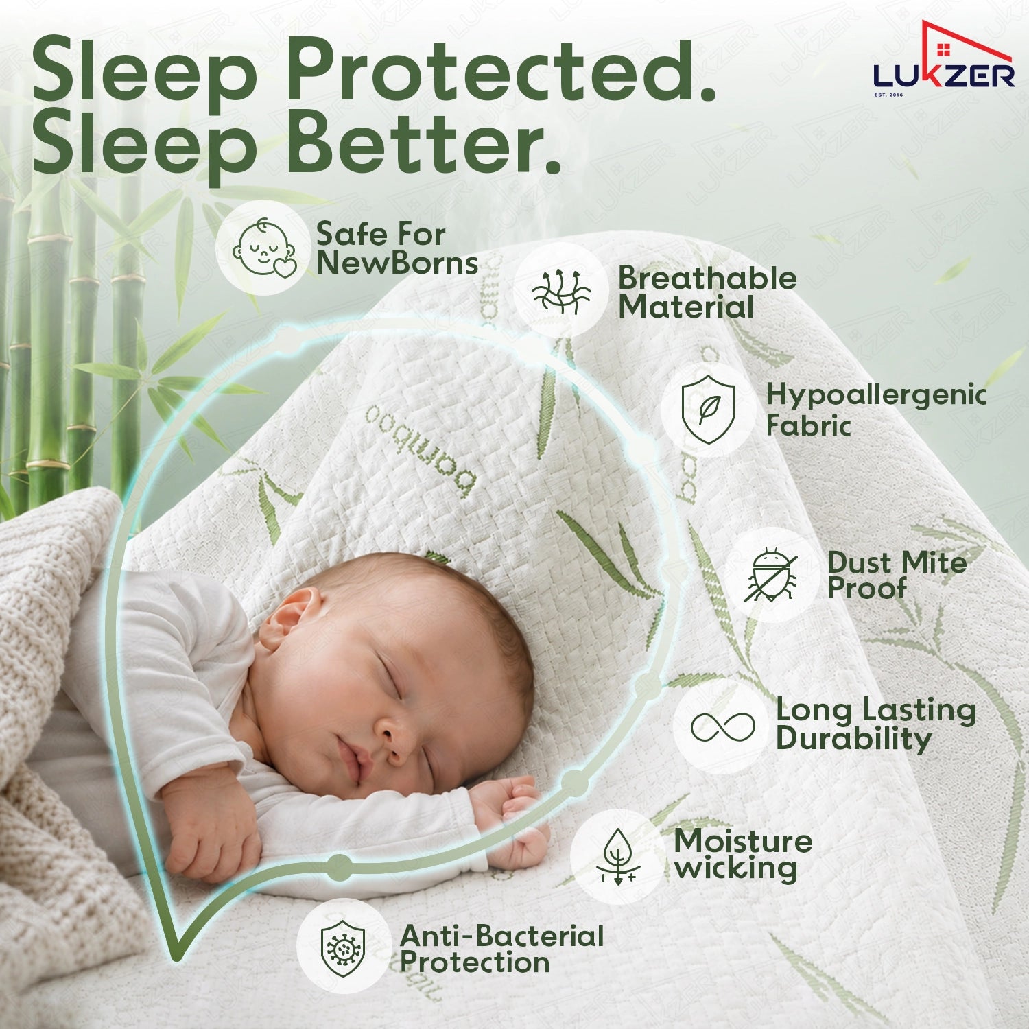 Lukzer 100% Waterproof Natural Bamboo Mattress Protector/Mattress Cover / Queen Size - (72" x 60" Inches) - (6 x 5 ft)