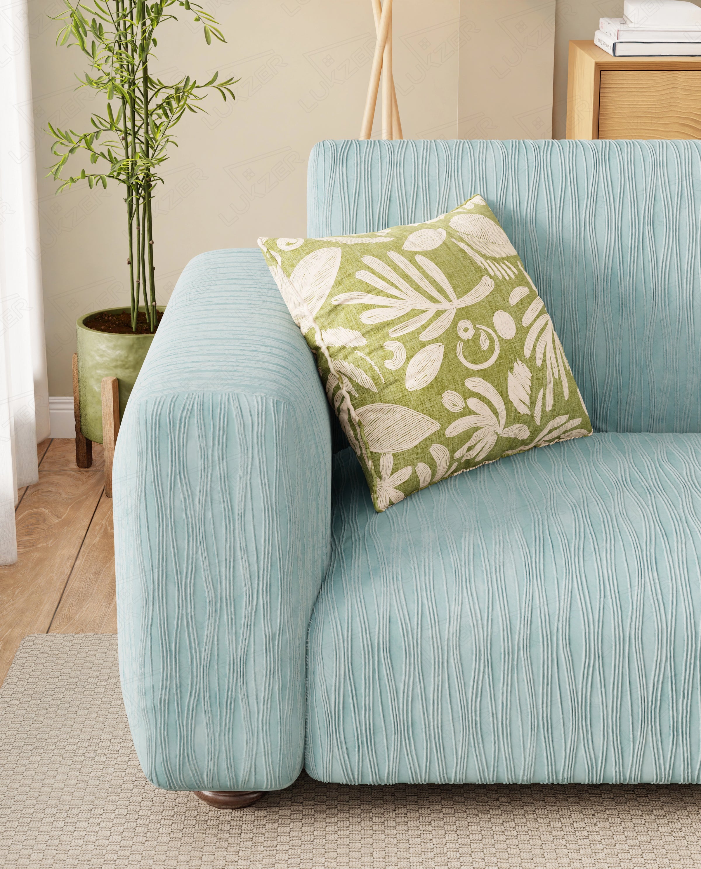 Lukzer Pastel Shades Textured Sofa Cover - Blue Wavy Stripes (SC-082-01)