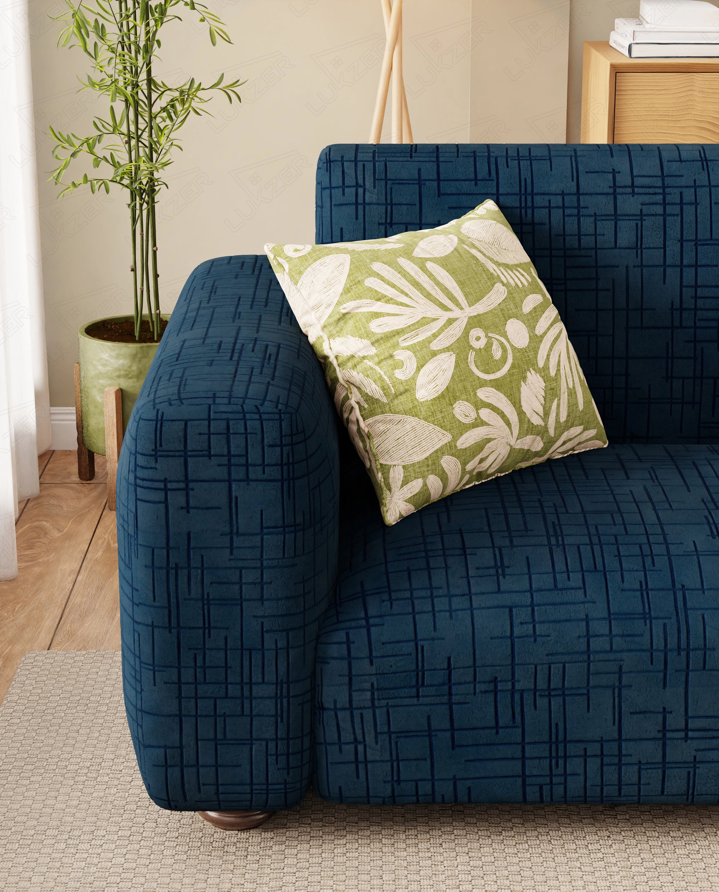 Lukzer Pastel Shades Textured Sofa Cover - Marine Blue Tangled Lines (SC-124-01)