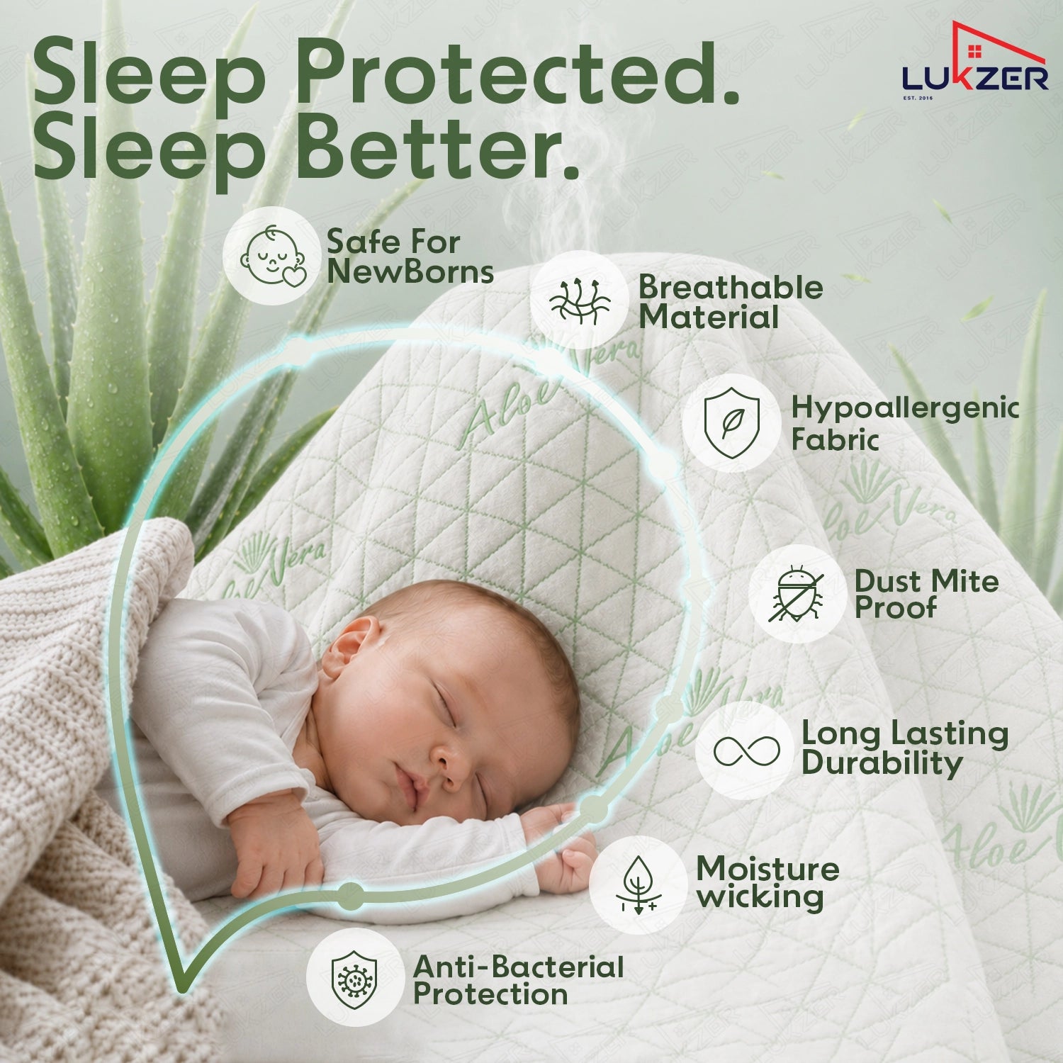 Lukzer 100% Waterproof Diamond Aloe Vera Mattress Protector/Mattress Cover / King Size - (72" x 72" Inches) - (6 x 6 ft)