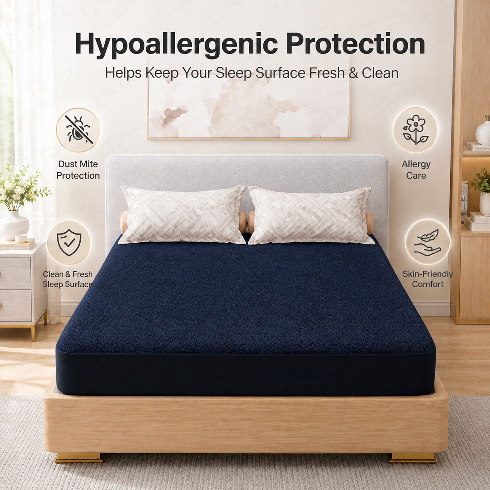 Lukzer Terry Cotton Waterproof Mattress Protector  Blue (MTP-BL-001)