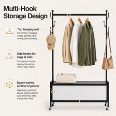 Lukzer Metal Garment Rack with Dust-Proof Storage Shelf & Multiple Hooks (Black)