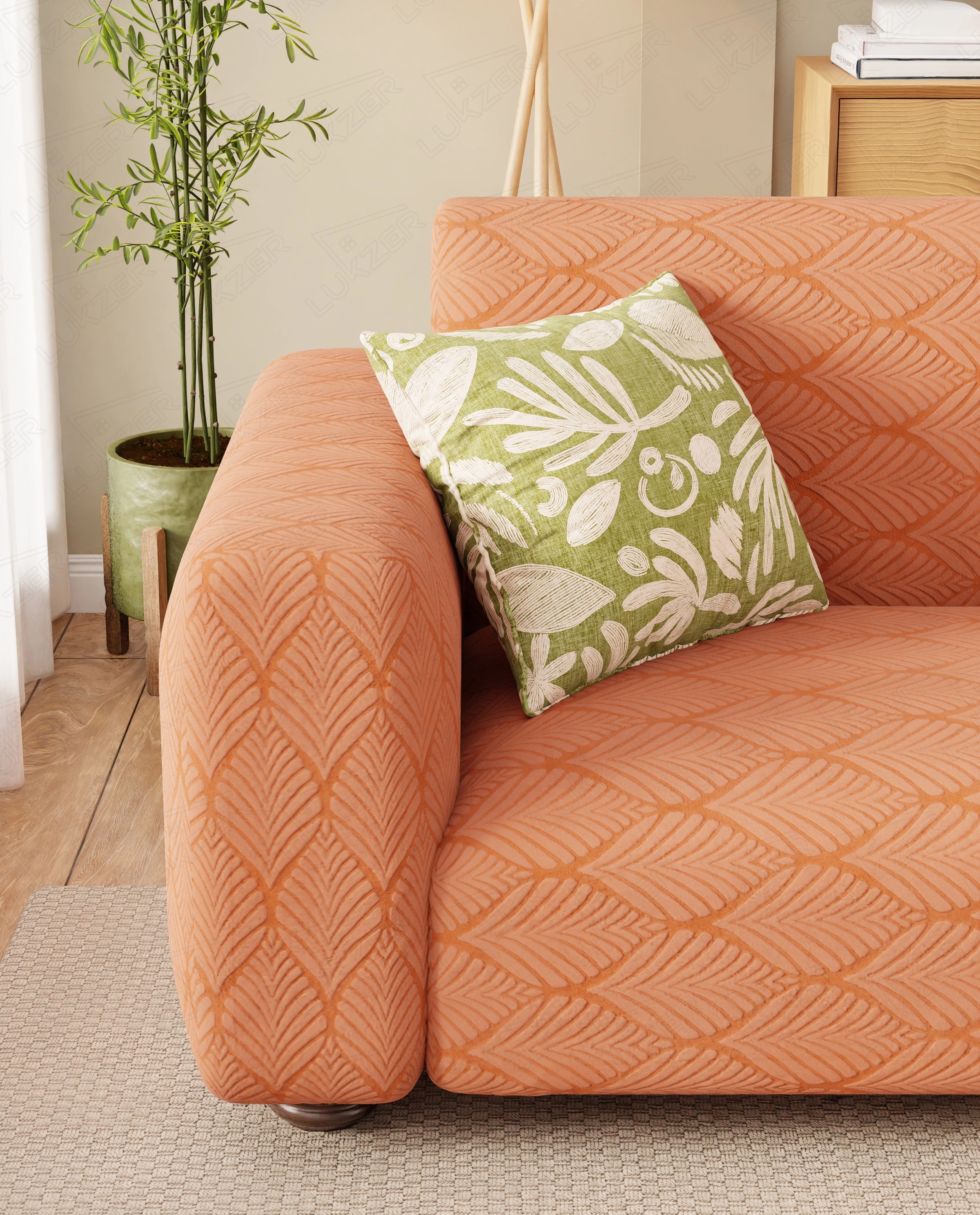 Lukzer Pastel Shades Textured Sofa Cover - Orange Leaf Trail (SC-127-01)