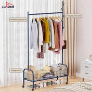 Lukzer Heavy-Duty Portable Metal Clothes Rack with Single Rod & Bottom Shelf (MGR-001/Deep Sea)
