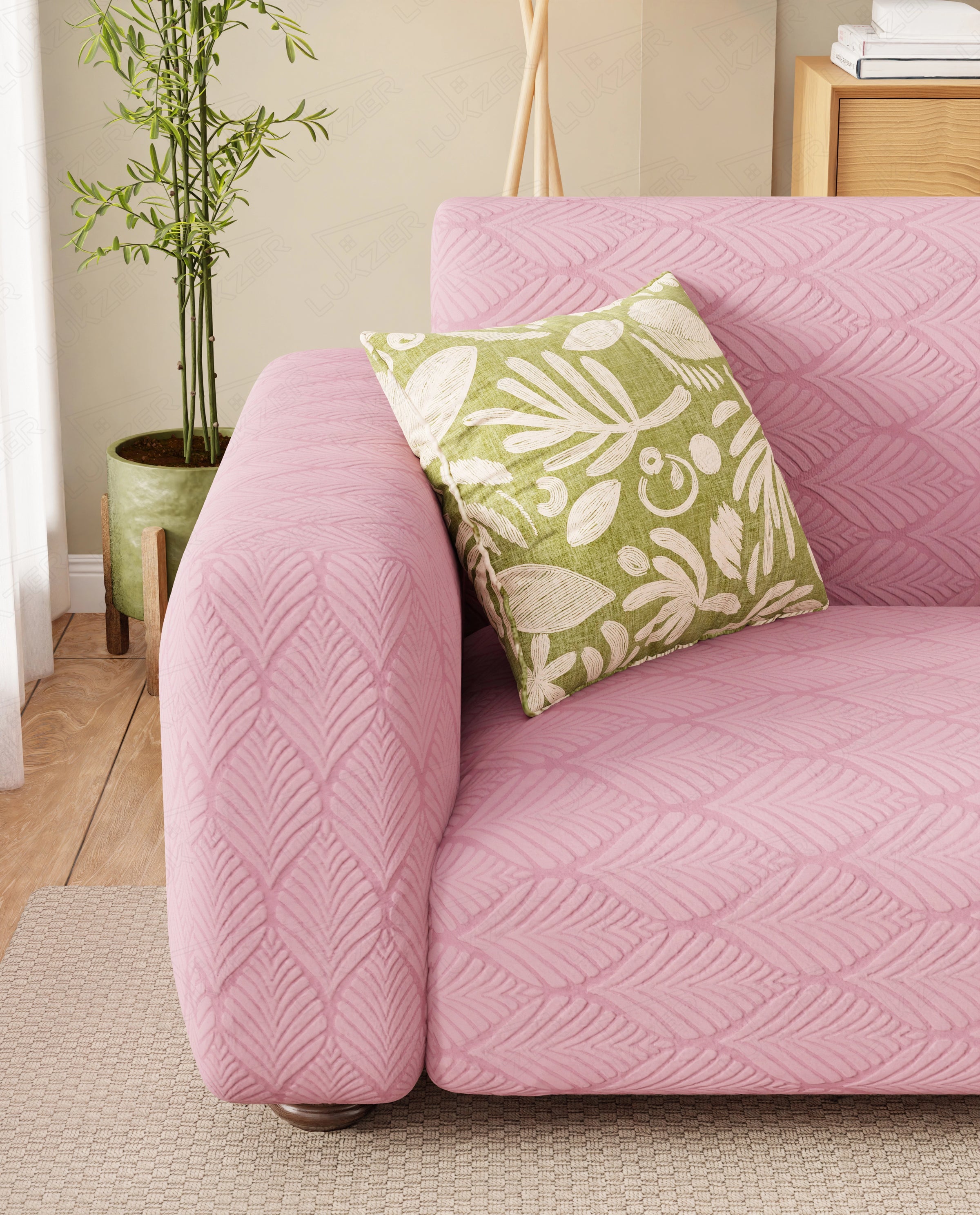 Lukzer Pastel Shades Textured Sofa Cover -  Pink Leaf Trail  (SC-129-01)