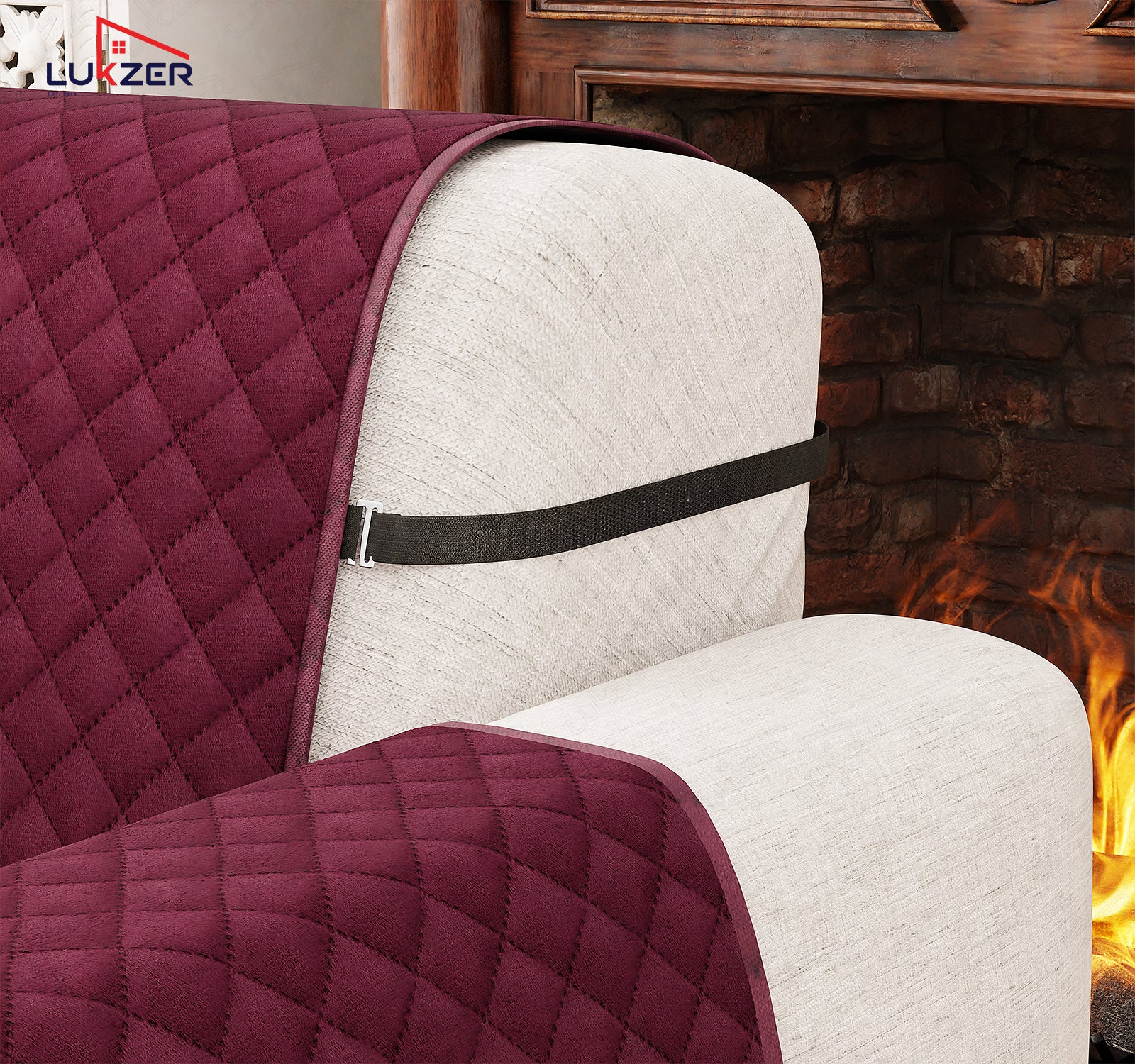 Lukzer Quilted Velvet Sofa Mat | 200 GSM Soft Washable &amp; Removable Couch Protector | Anti-Slip Elastic Strap Cover for Living Room, Pet &amp; Spill Protection