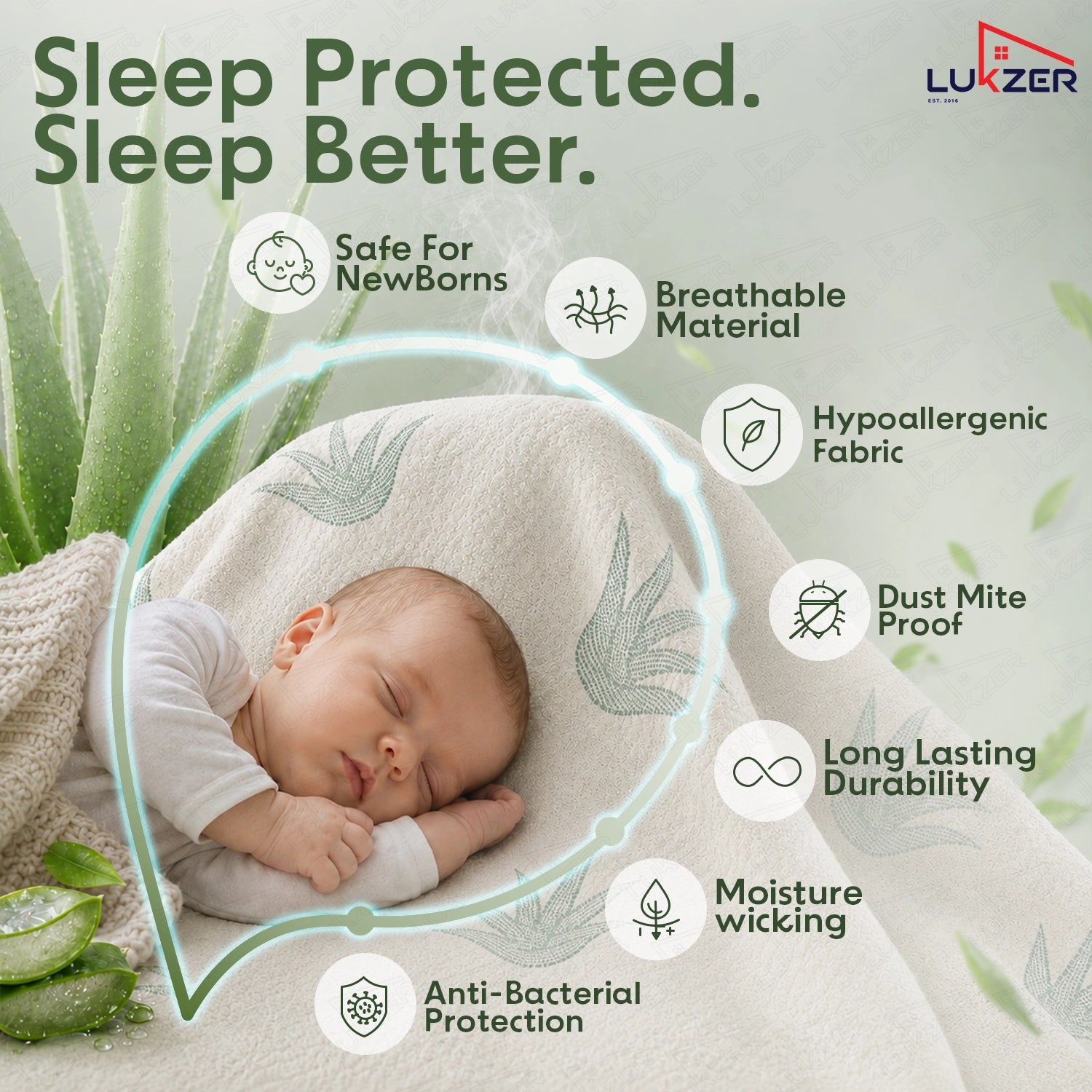 Lukzer 100% Waterproof Natural Aloe Vera Mattress Protector/Mattress Cover / King Size - (78" x 72" Inches) - (6.5 x 6 ft)
