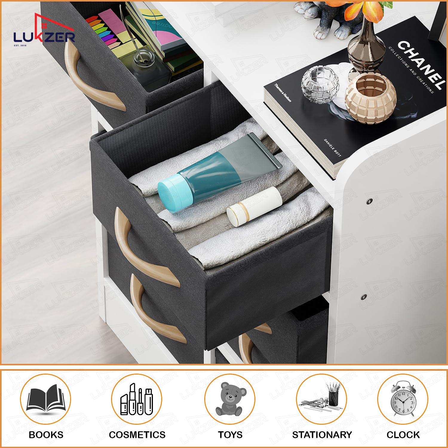 Lukzer 8 Drawer Engineered Wood Storage Organizer Cabinet with Fabric Bins (MR-028/White)