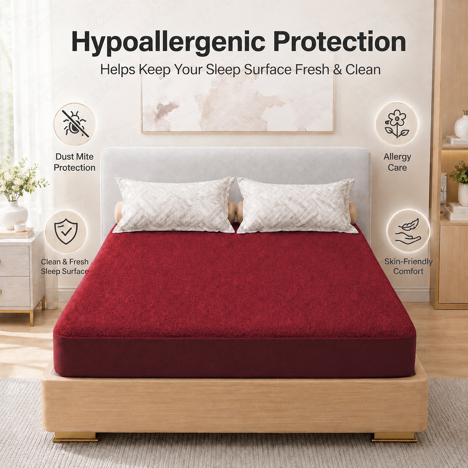 Lukzer Terry Cotton Waterproof Mattress Protector Maroon (MTP-MAR-001)