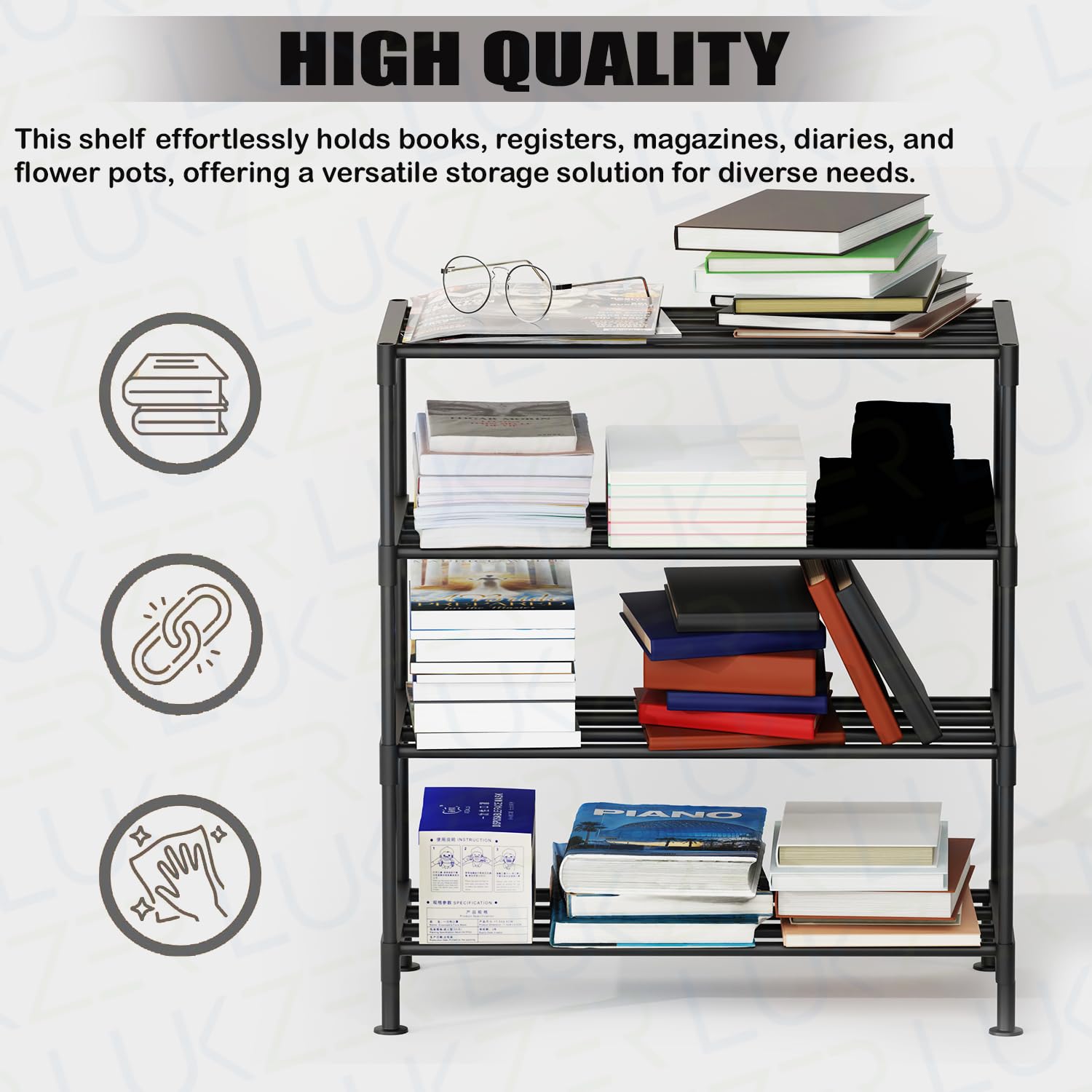 Lukzer Easy DIY Metal & Plastic Bookshelf/Storage Organizer – Black & Silver (3/4/5/6 Layers)