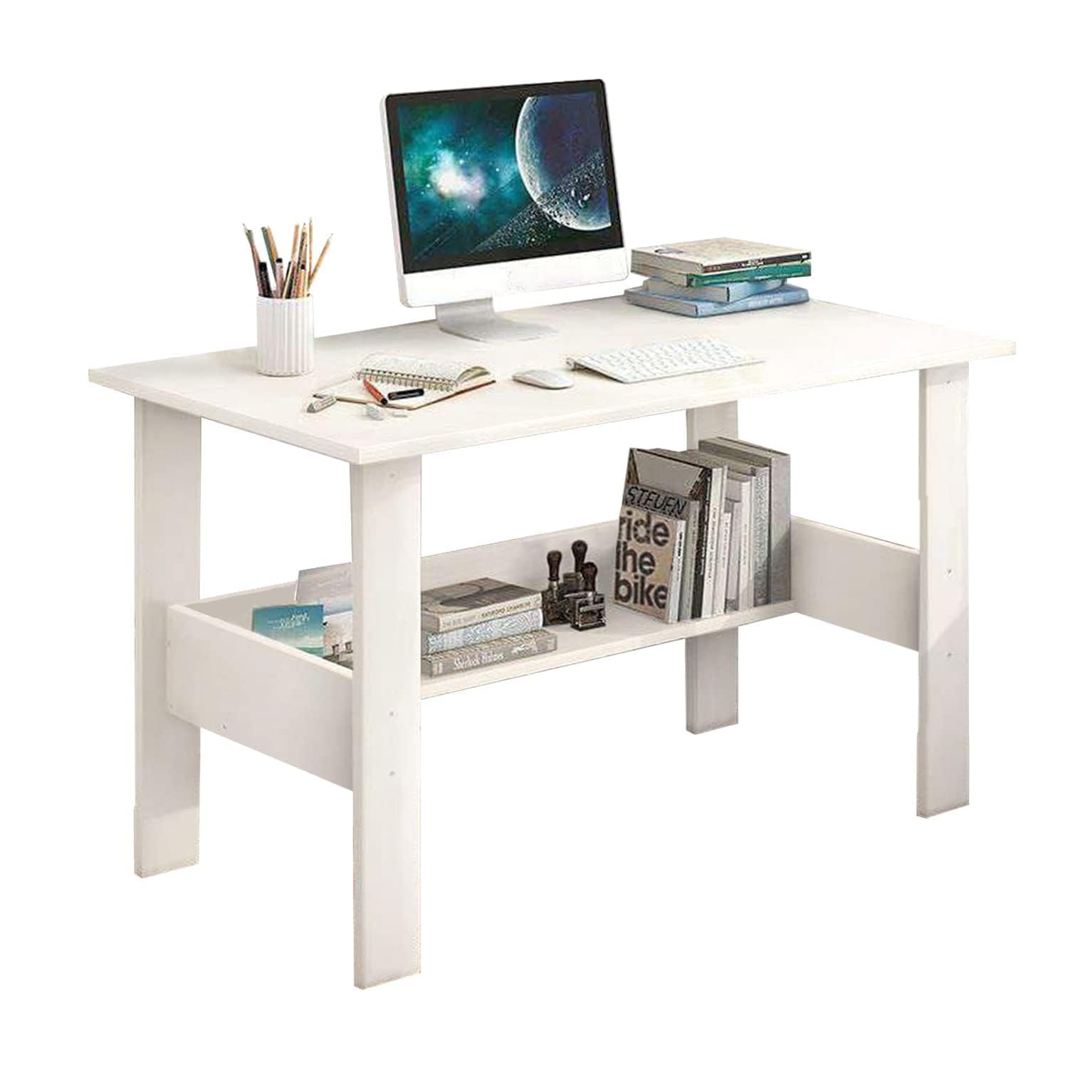 Lukzer Engineered Wood Modern Computer Desk with Bookshelf Study Table (ST-004/White)