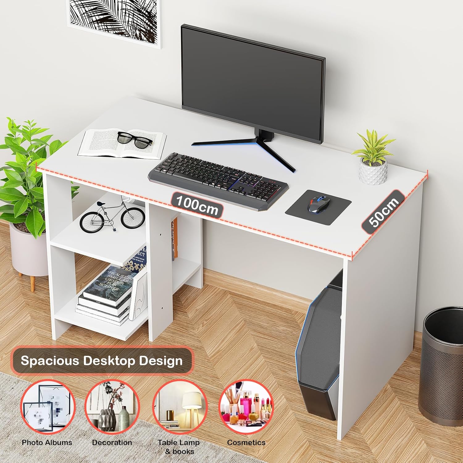 Lukzer Engineered Wood Study & Computer Table Office Desk with Bookshelf (ST-007/ White)