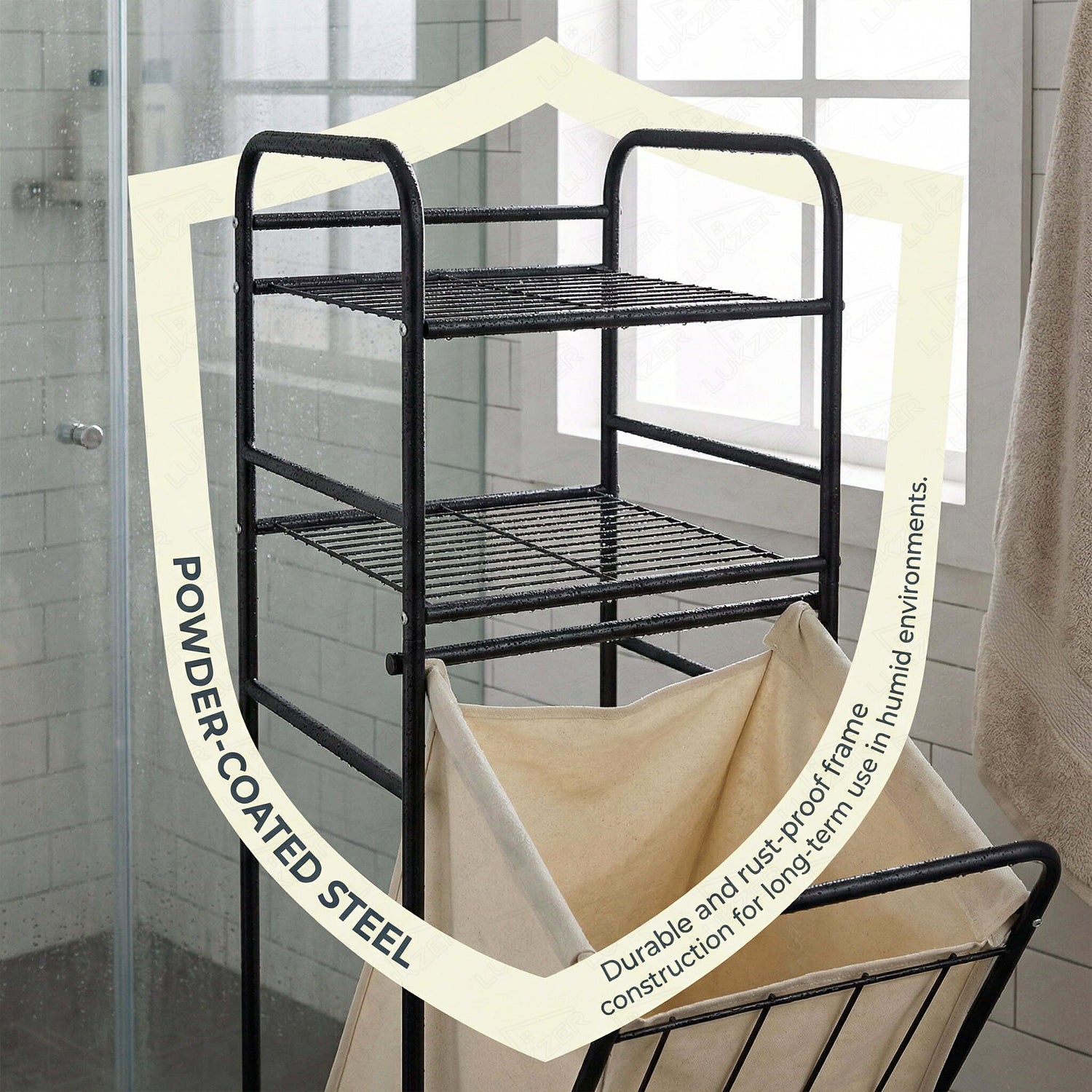 Lukzer Laundry Basket with 2-Tier Metal Storage Shelves & Detachable Fabric Hamper (Black)