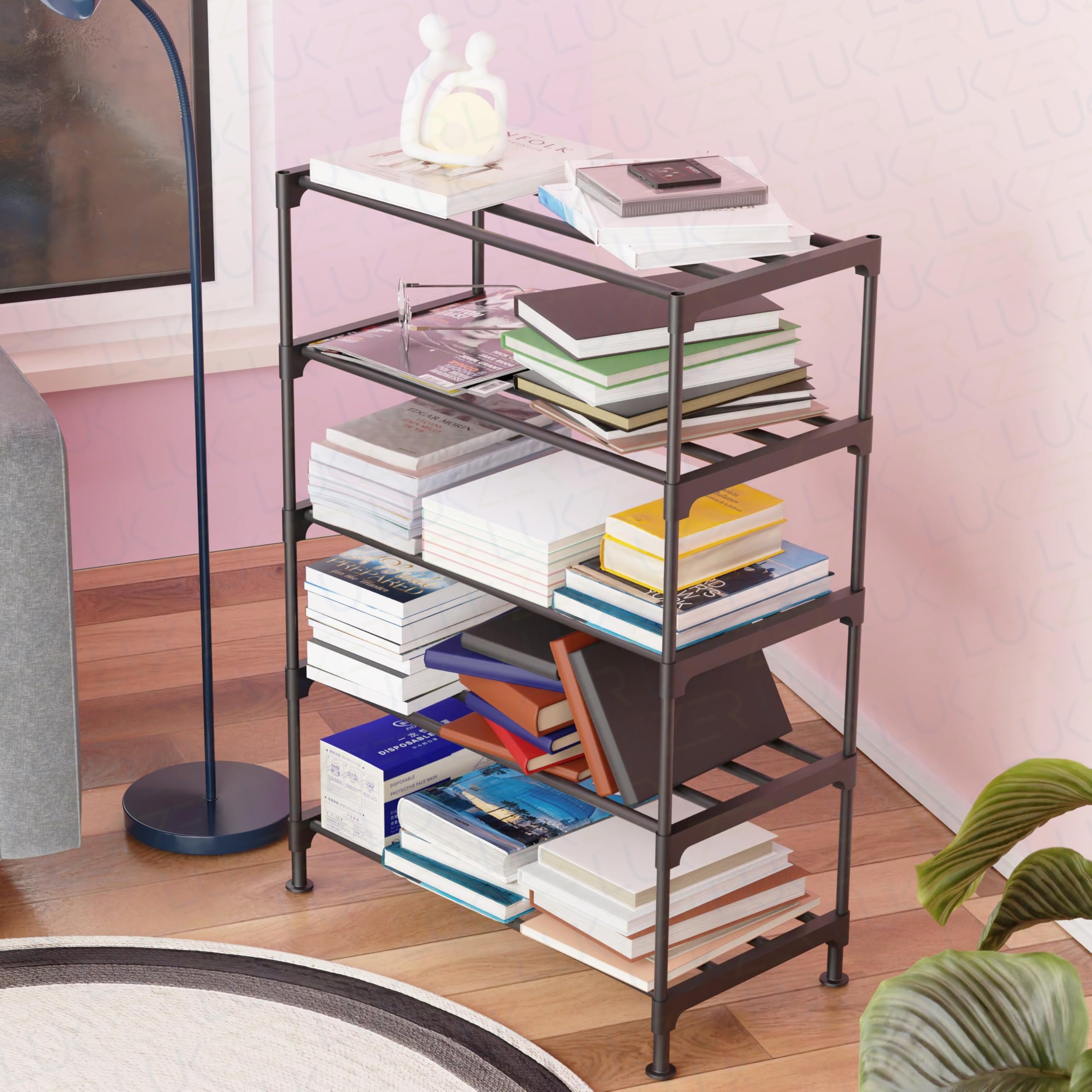 Lukzer Easy DIY Metal & Plastic Bookshelf/Storage Organizer – Black & Silver (3/4/5/6 Layers)