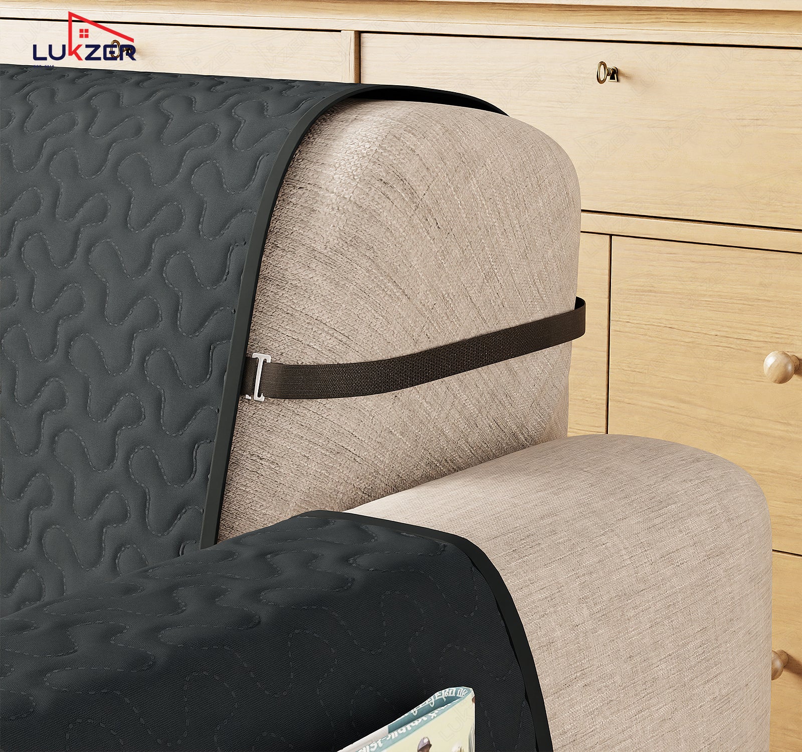 Lukzer Quilted Stipple Blue Sofa Cover Mat with Storage Side Pocket | 350 GSM Polyester Blend Full Coverage with Arms &amp; Back Belt | Machine Washable Sofa Runner.