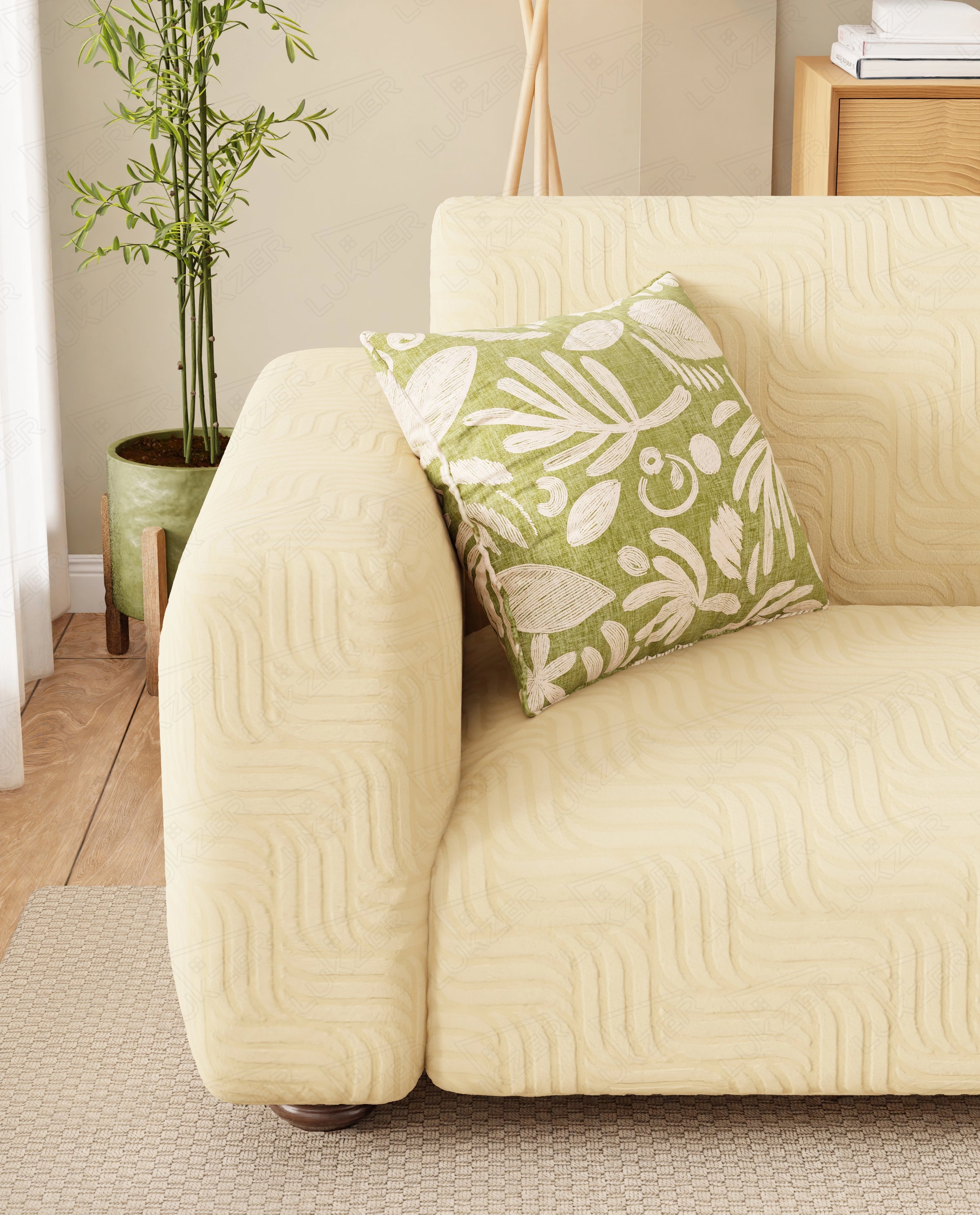 Lukzer Pastel Shades Textured Sofa Cover - Yellow Ripple Lines (SC-163-01)