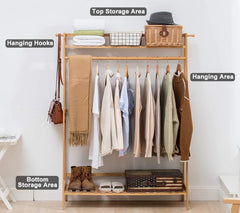 Lukzer Bamboo Garment Stand with Top & Bottom Shelves (CH-498)