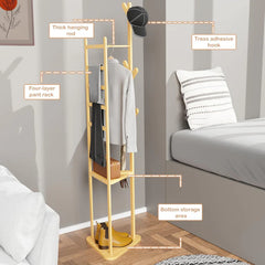 Lukzer Triangular Bamboo Coat & Garment Stand with 6 Side Hooks & Dual Shelves (CH-035)